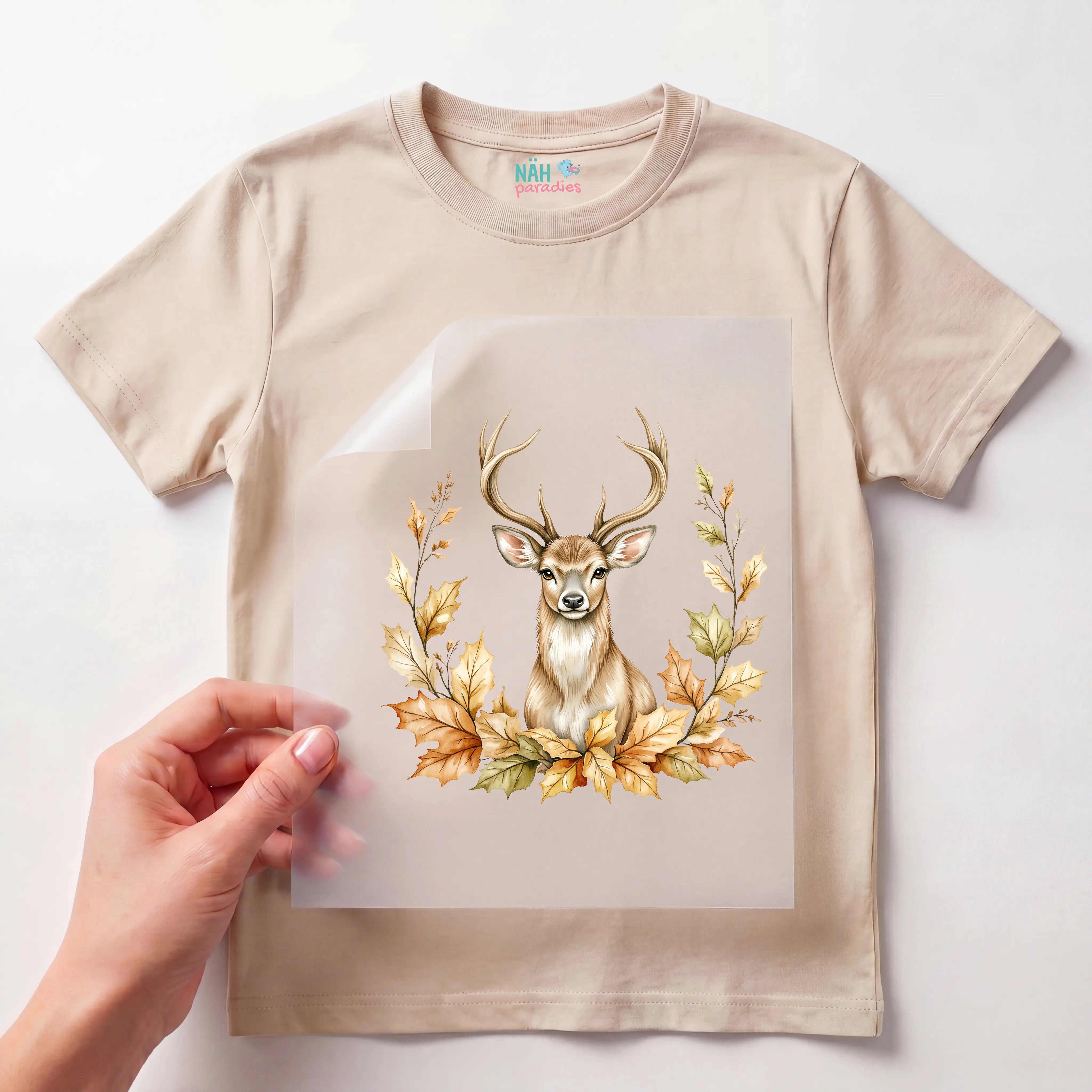 Bügelbild Hirsch Laubkranz Aquarell
