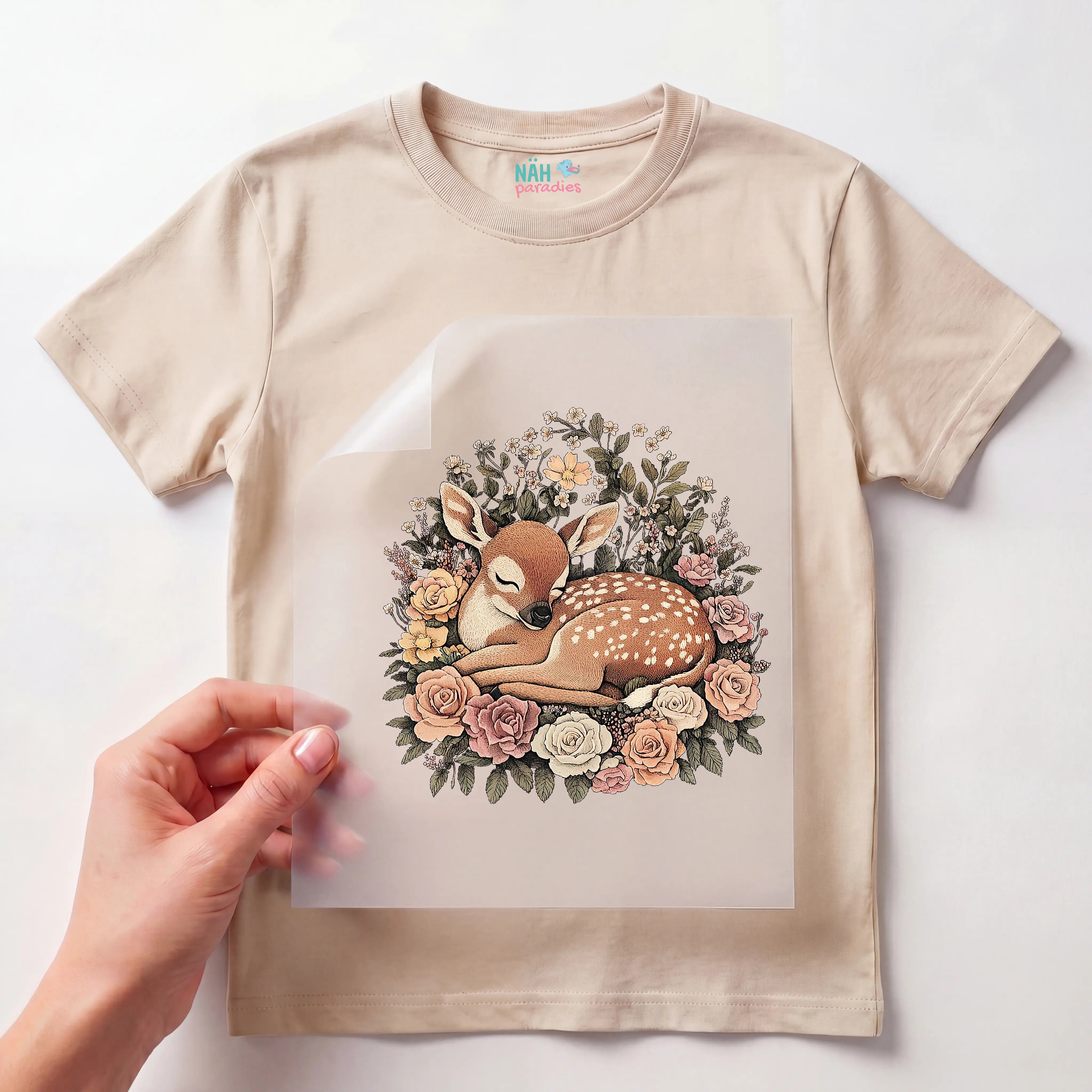 Bügelbild Rehkitz Rosenkranz Vintage