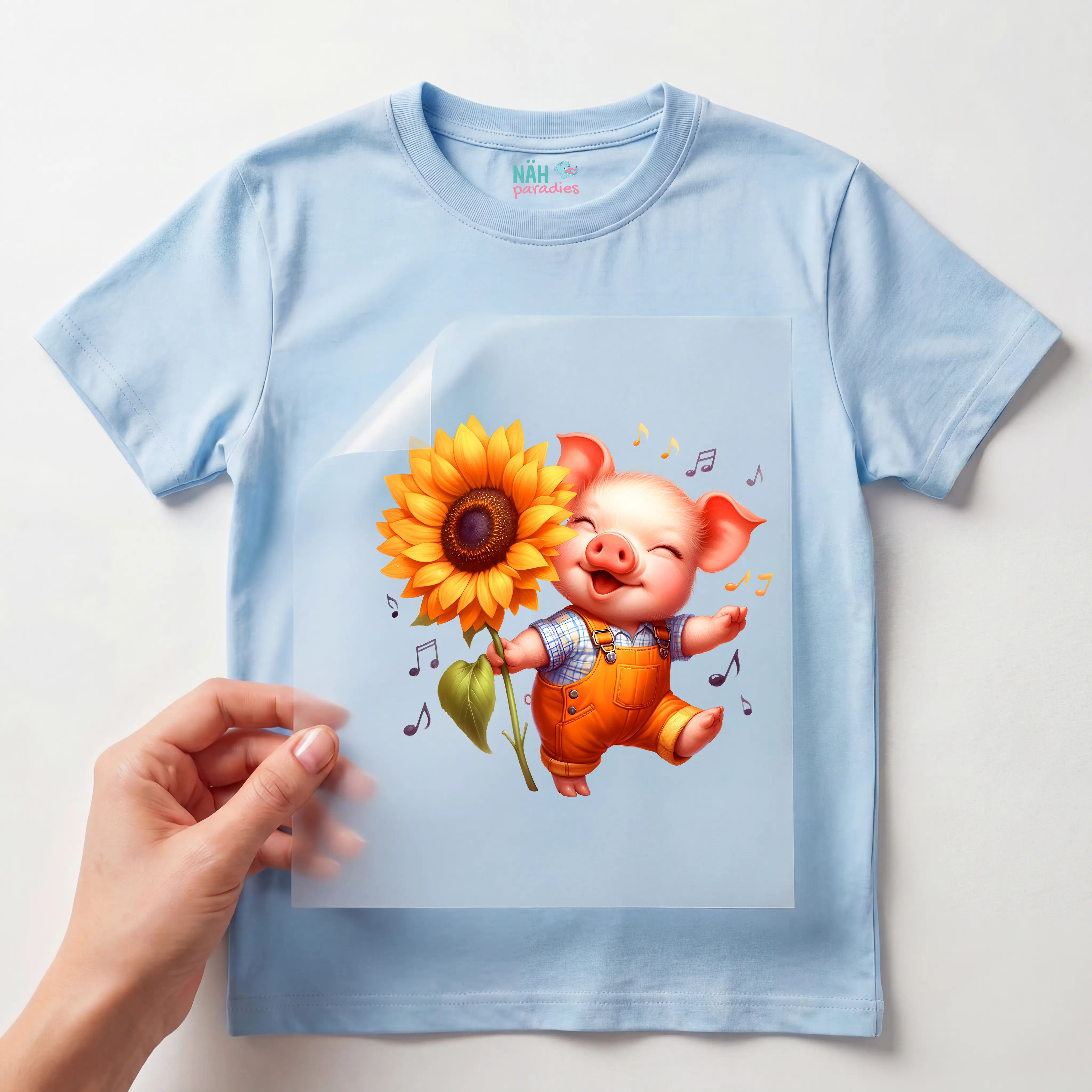 Bügelbild Schwein Sonnenblumen Tanz