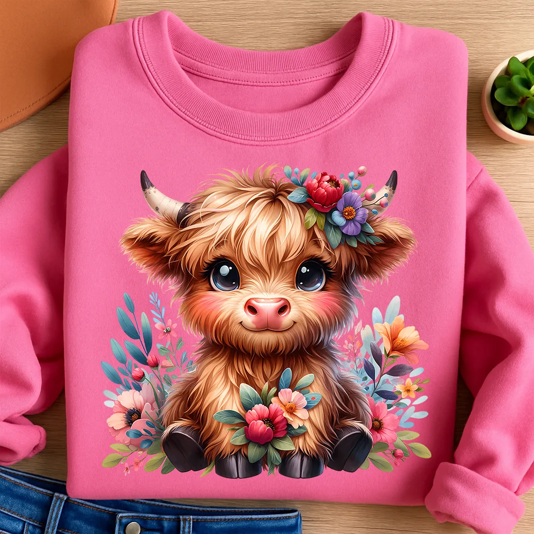 Bügelbild Highland Kuh Frida mit Frühlingsblumen