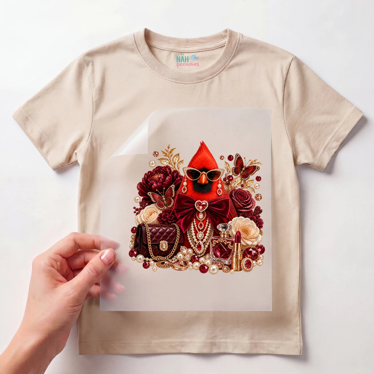 Bügelbild Kardinal Glamour Rot mit Rosen