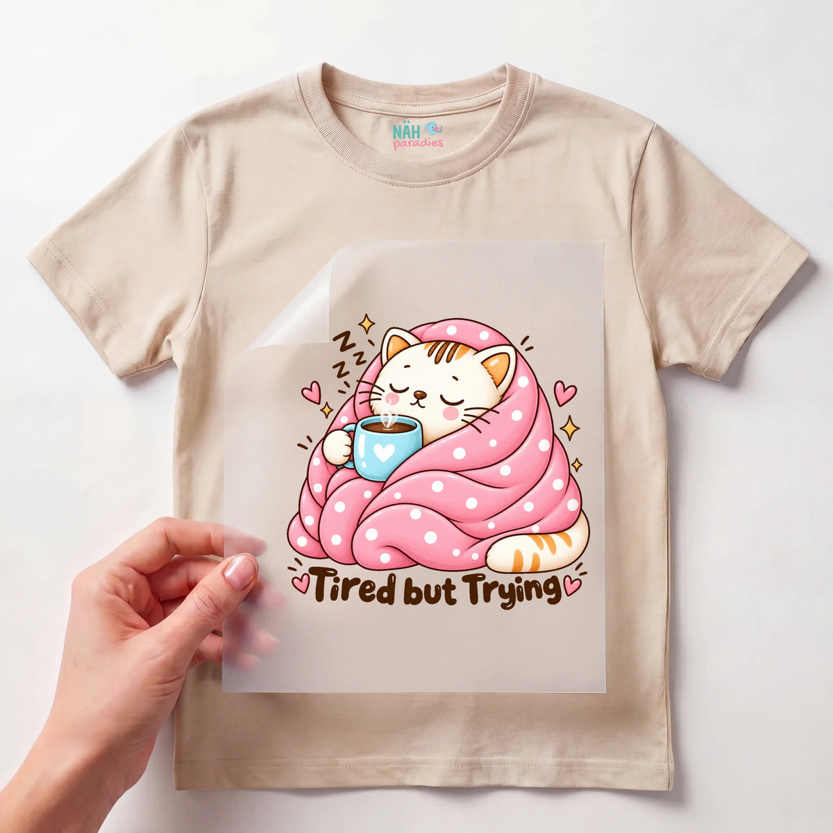 Bügelbild Katze Tired but Trying Kuscheldecke