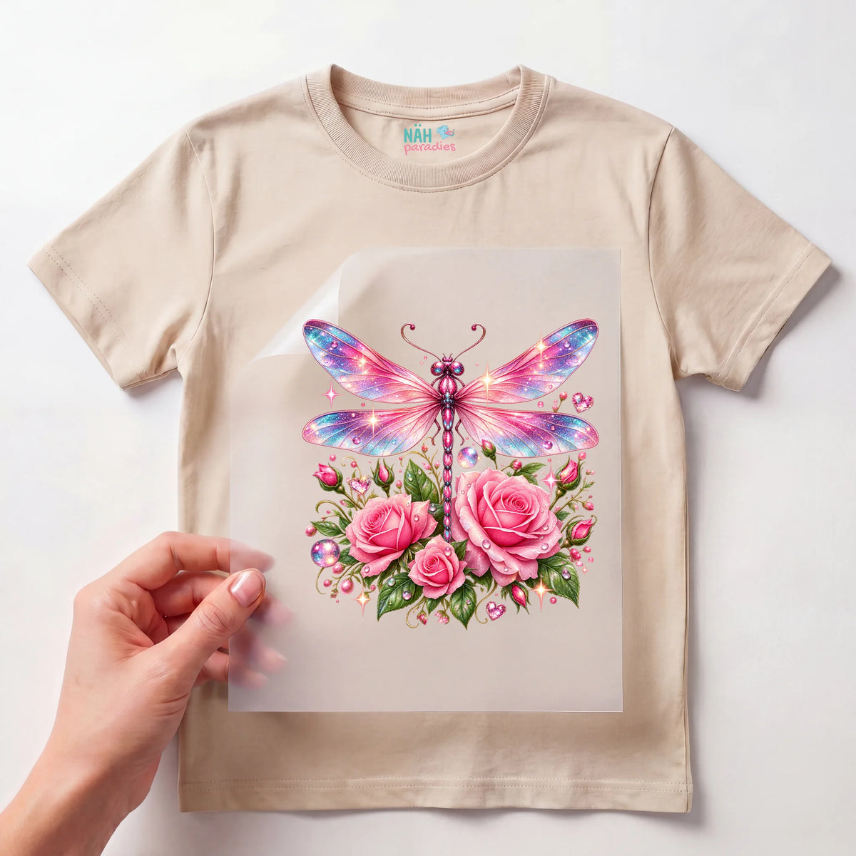 Bügelbild Libelle mit Rosen Glitzer