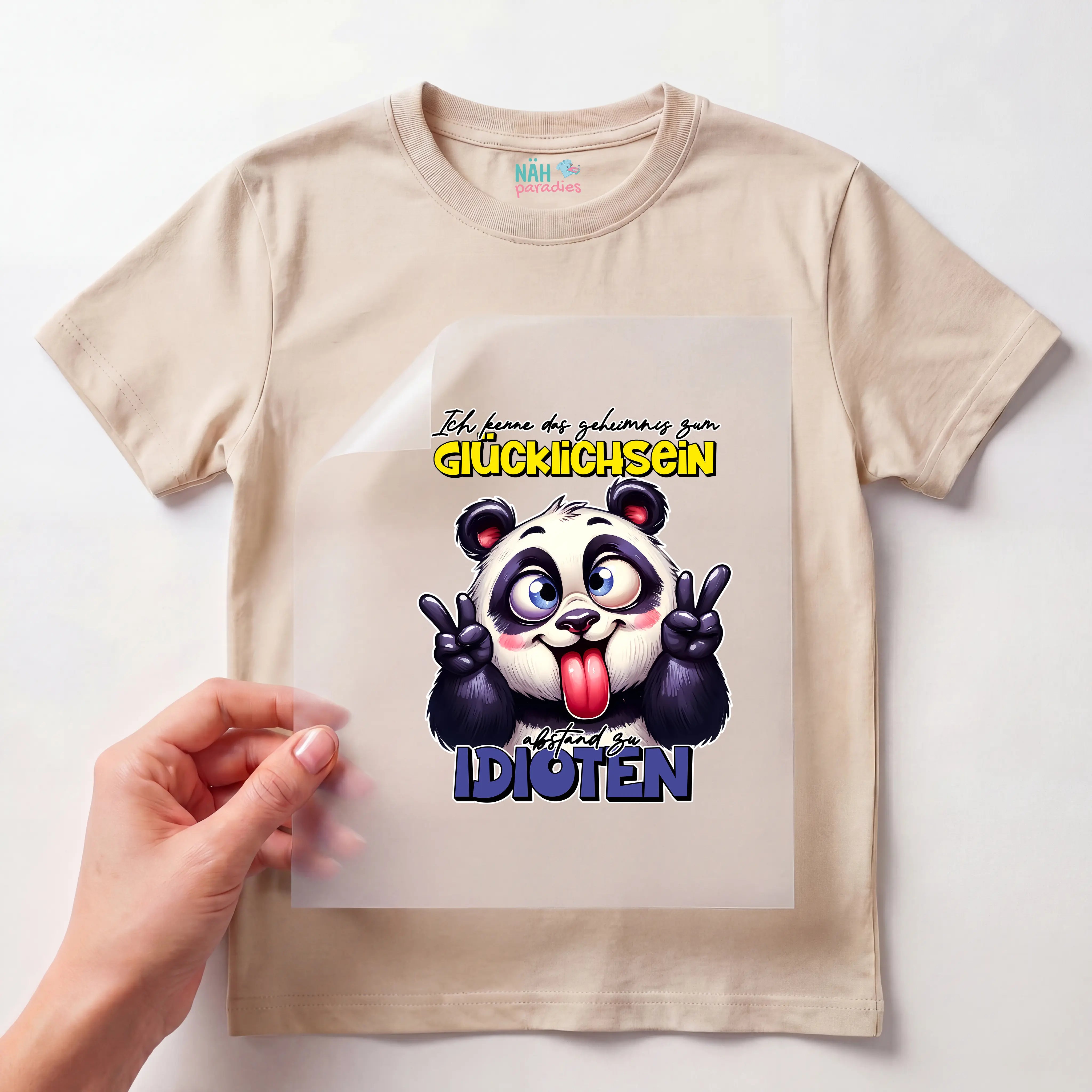 Bügelbild Lustiger Panda "geheimnis zum GLÜCKLICHSEIN"