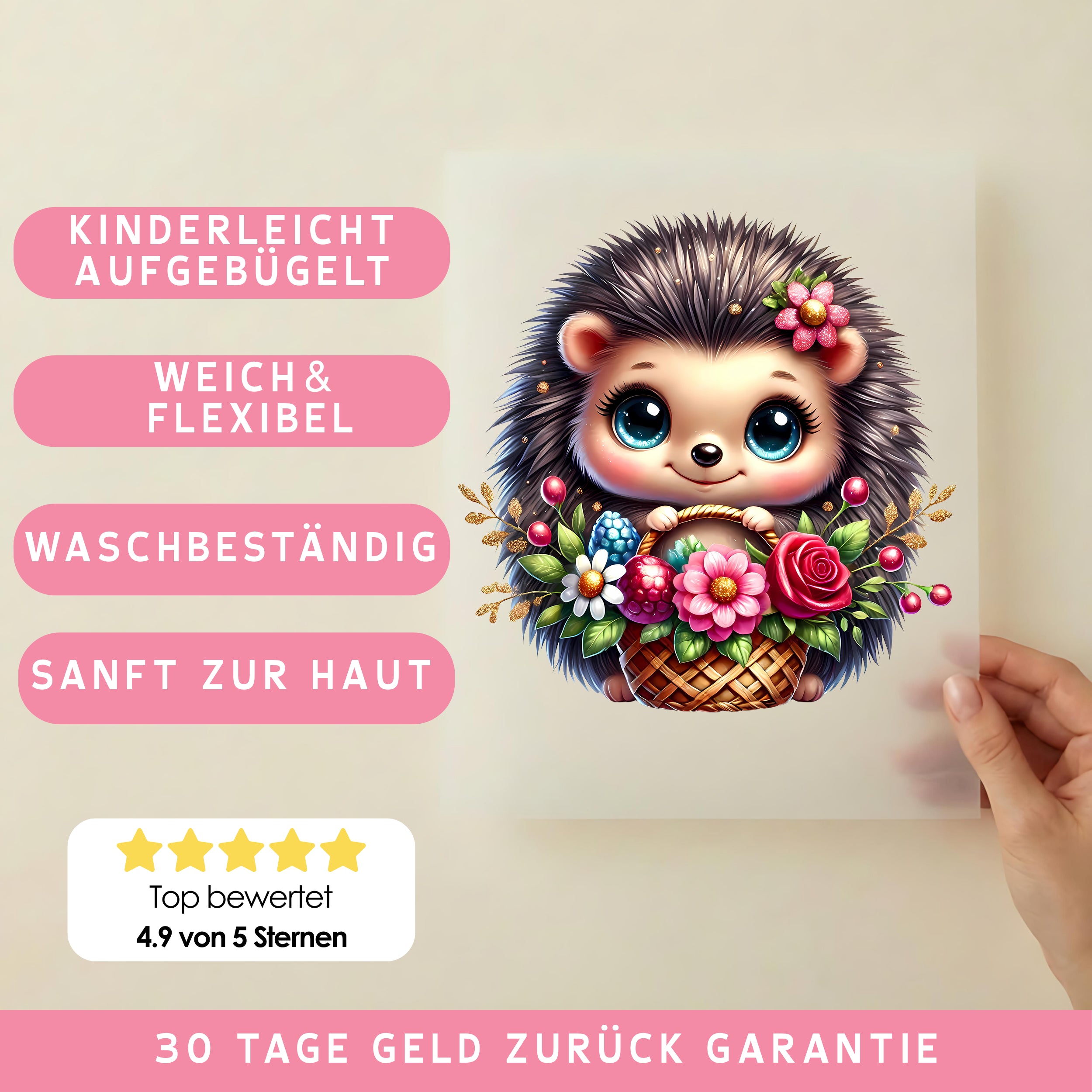 Bügelbild Igel Herzenskorb