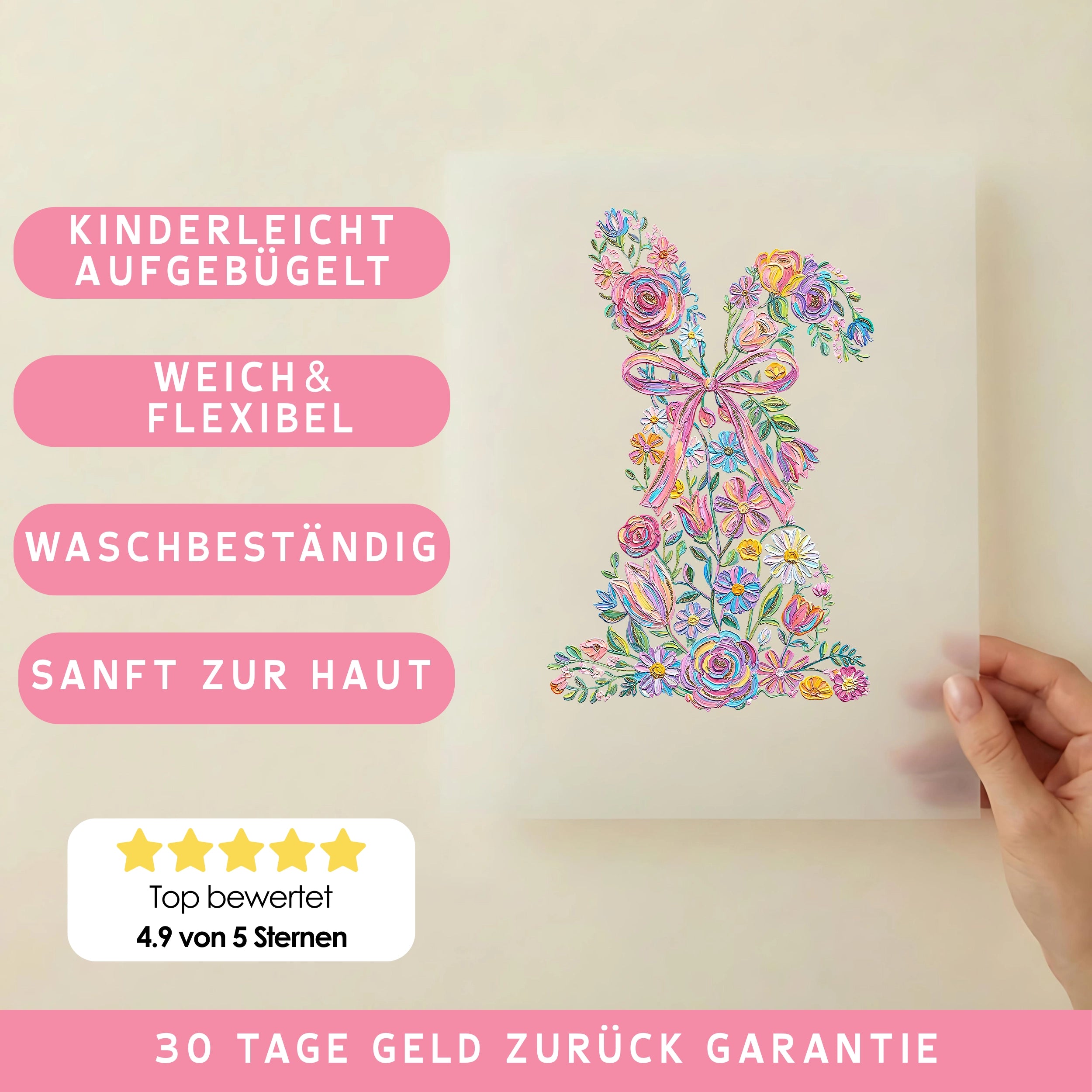 Bügelbild Hase Blumenmalerei