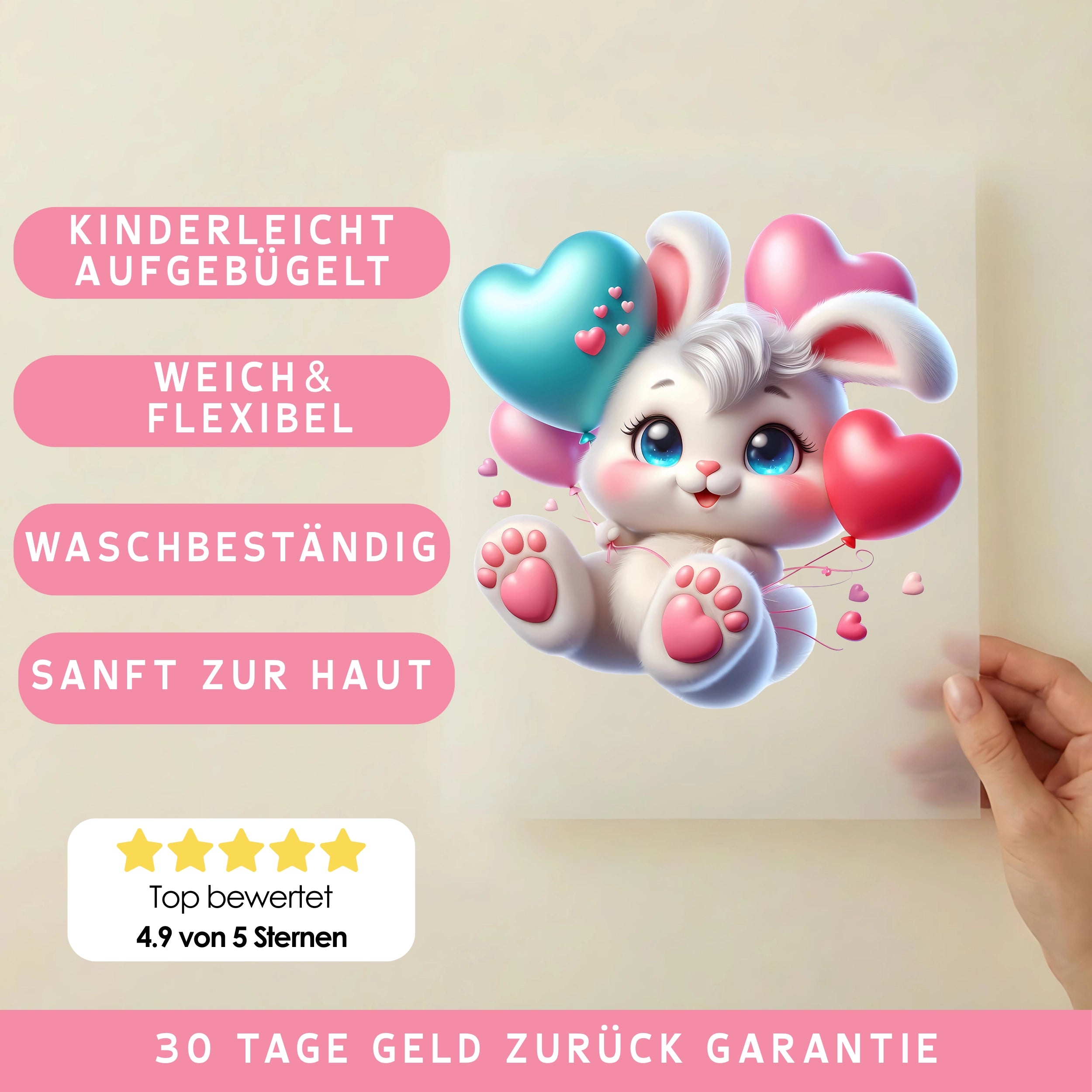 Bügelbild Hase Ballonliebe Rosa