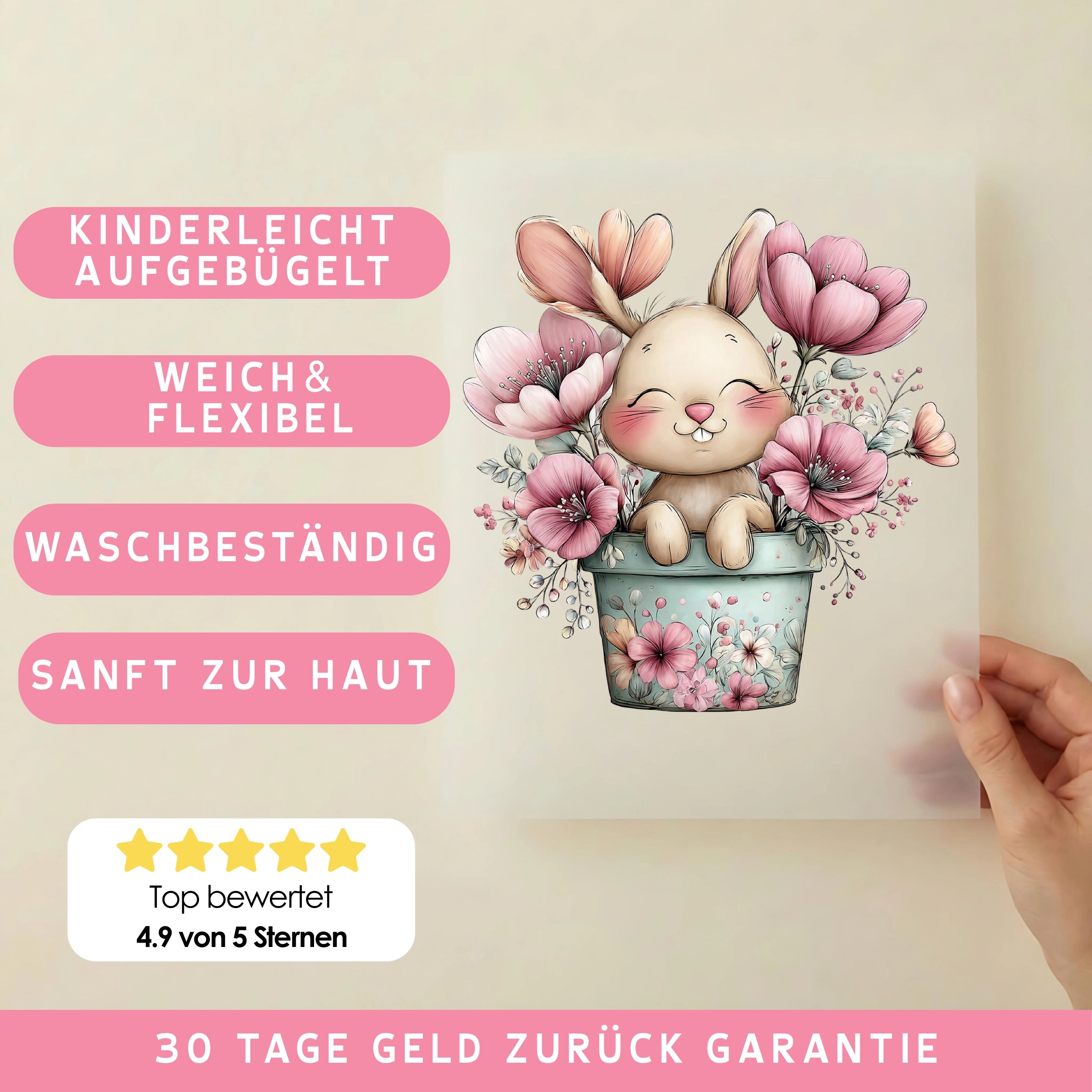 Bügelbild Hase Blumentopf Hanni