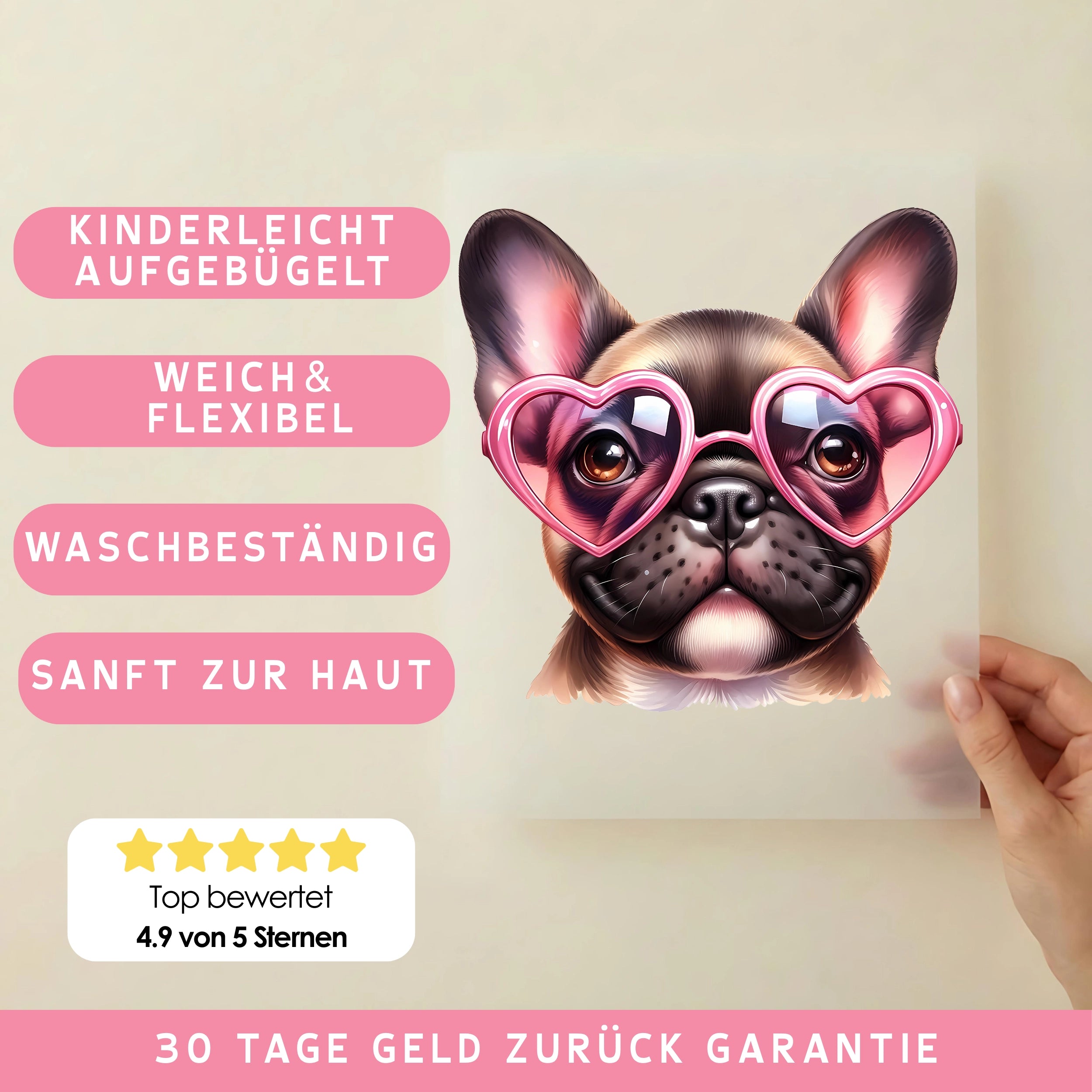 Bügelbild Hund Herzbrille Franzi