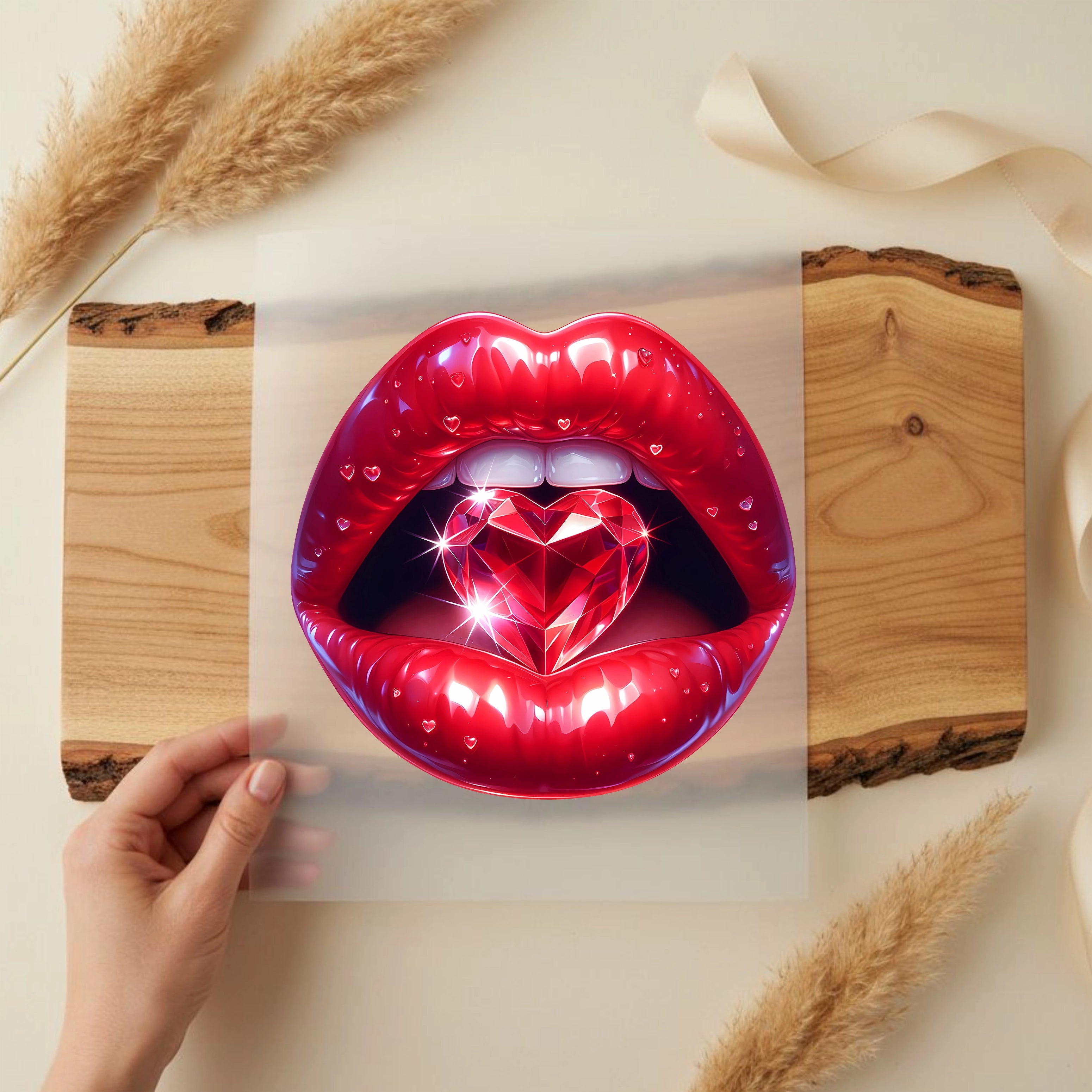 Bügelbild Lippen Rubin Diamantherz