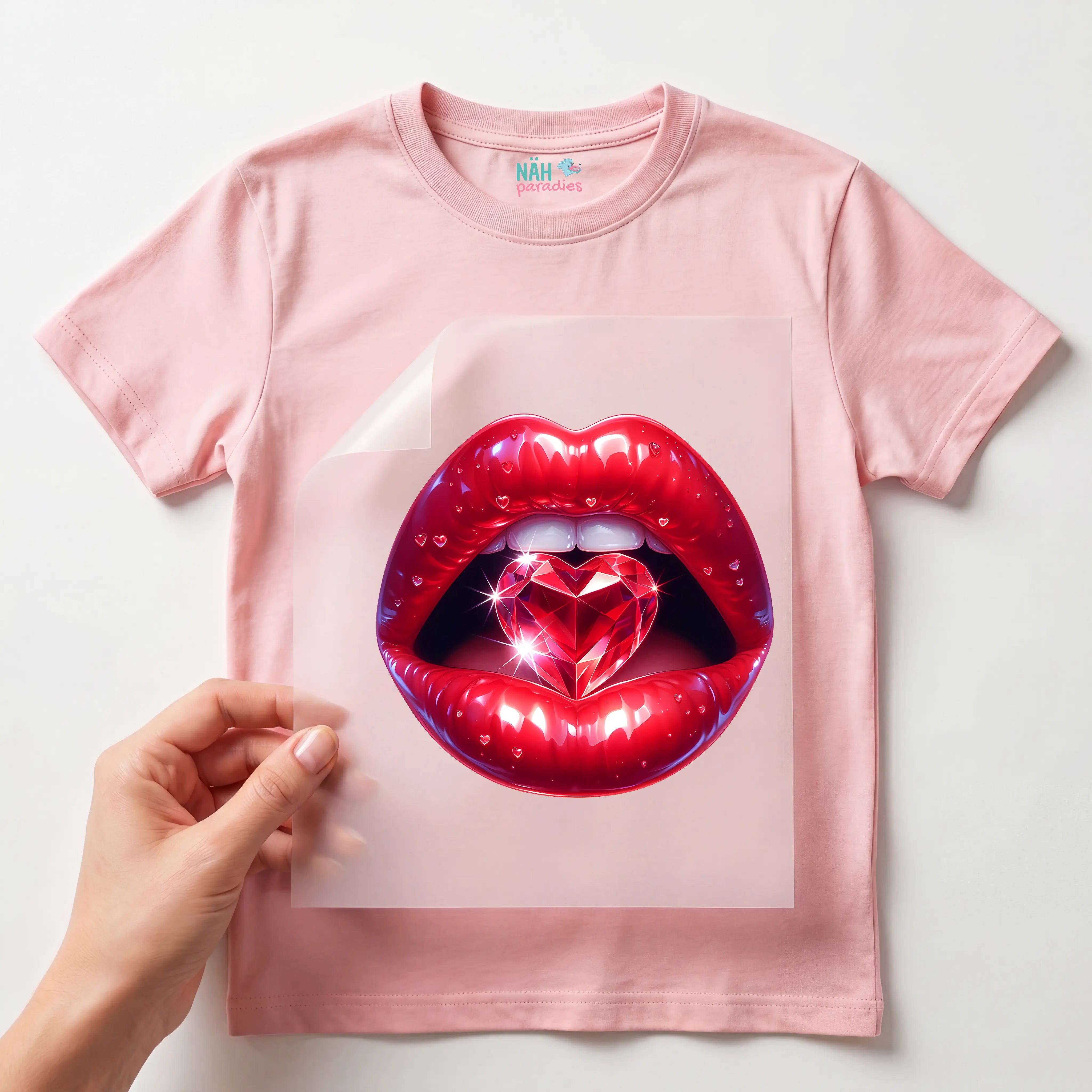 Bügelbild Lippen Rubin Diamantherz