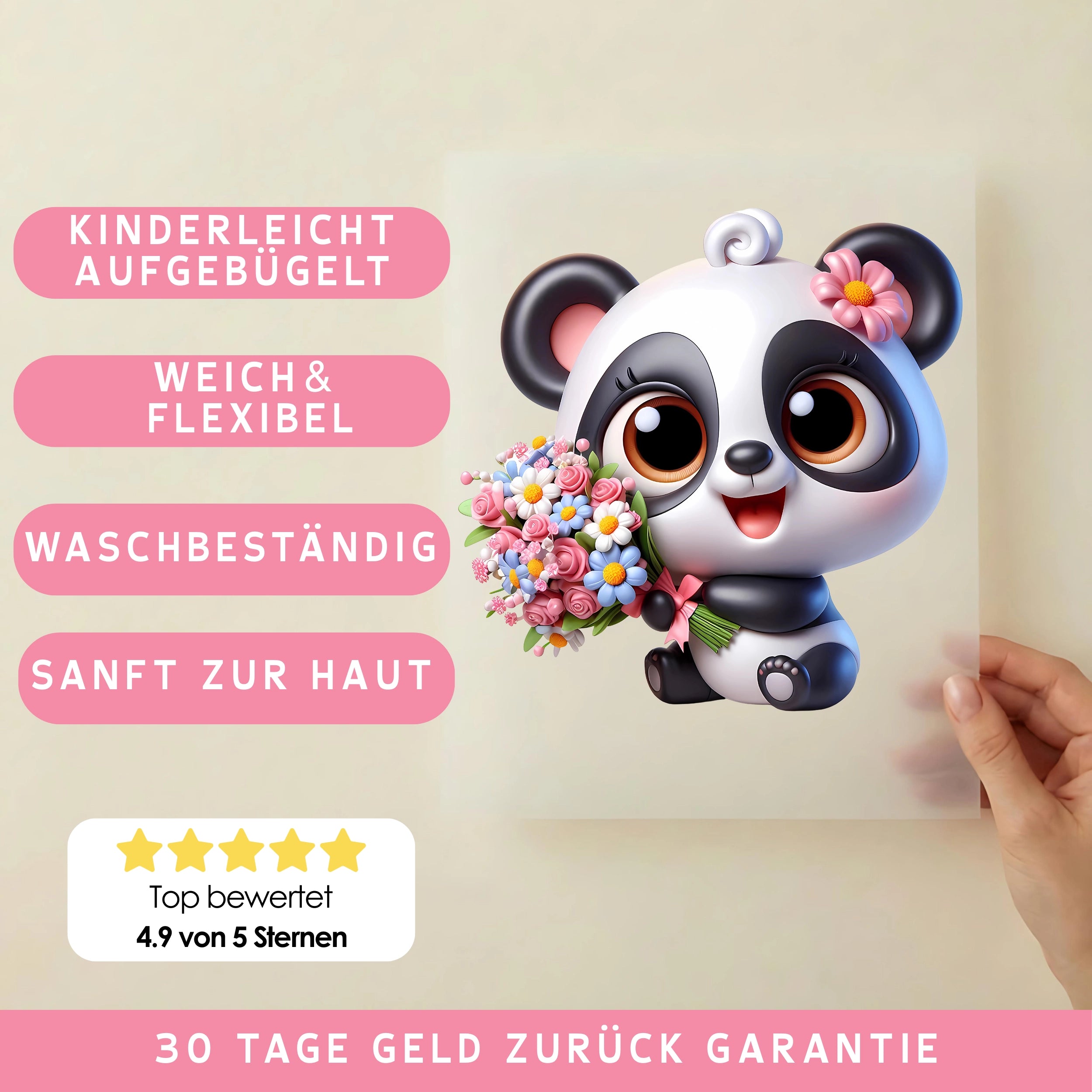 Bügelbild Panda Blütenliebe