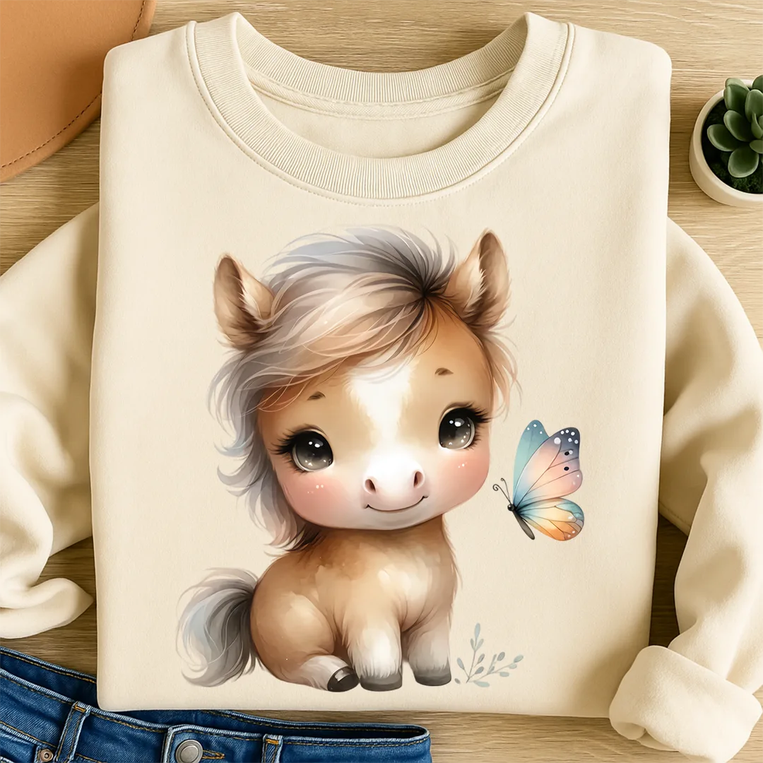Bügelbild Niedliches Pony mit Flatterfreund