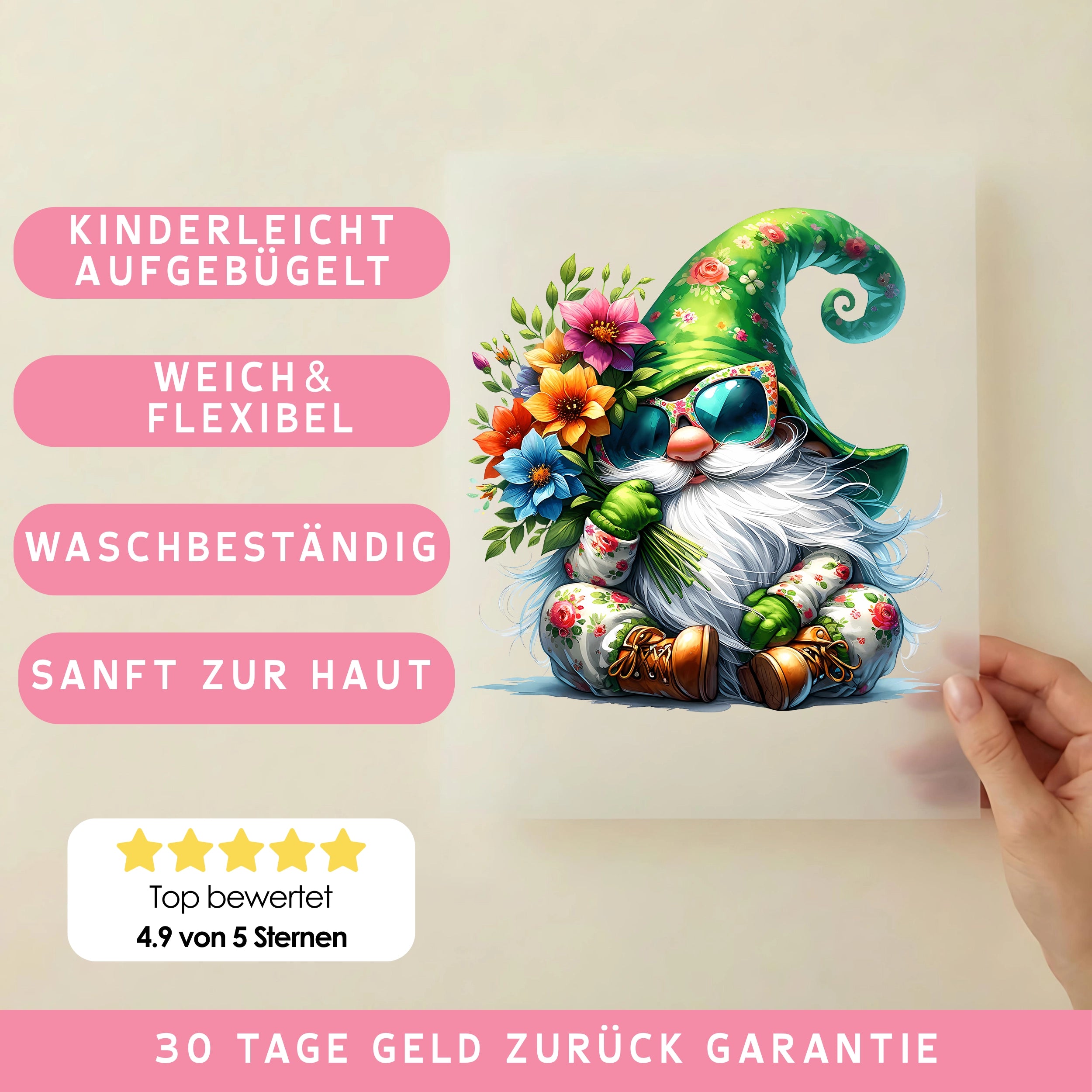 Bügelbild Frühlingszwerg mit Blumenstrauß