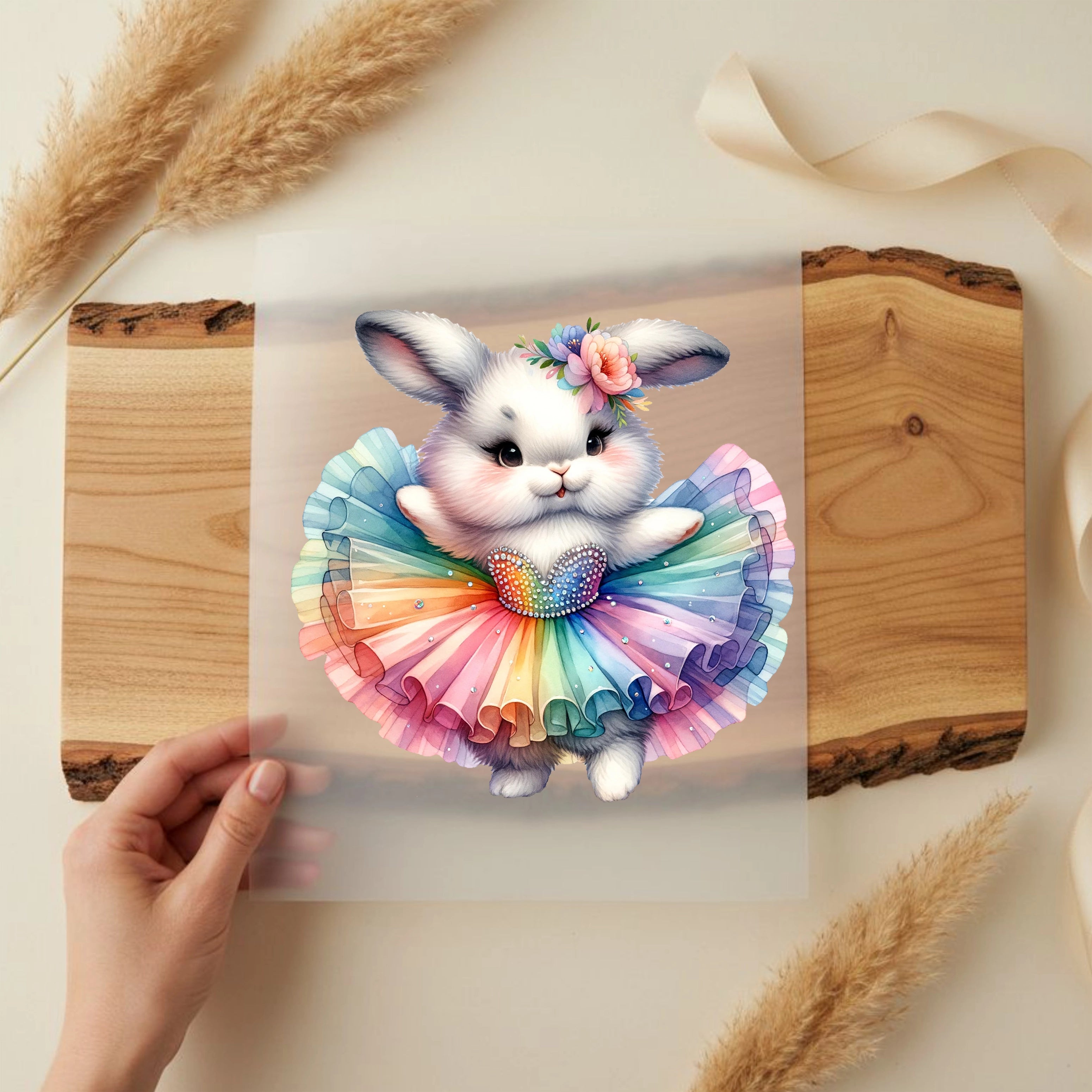 Bügelbild Hase in Ballettpose mit Tülltraum