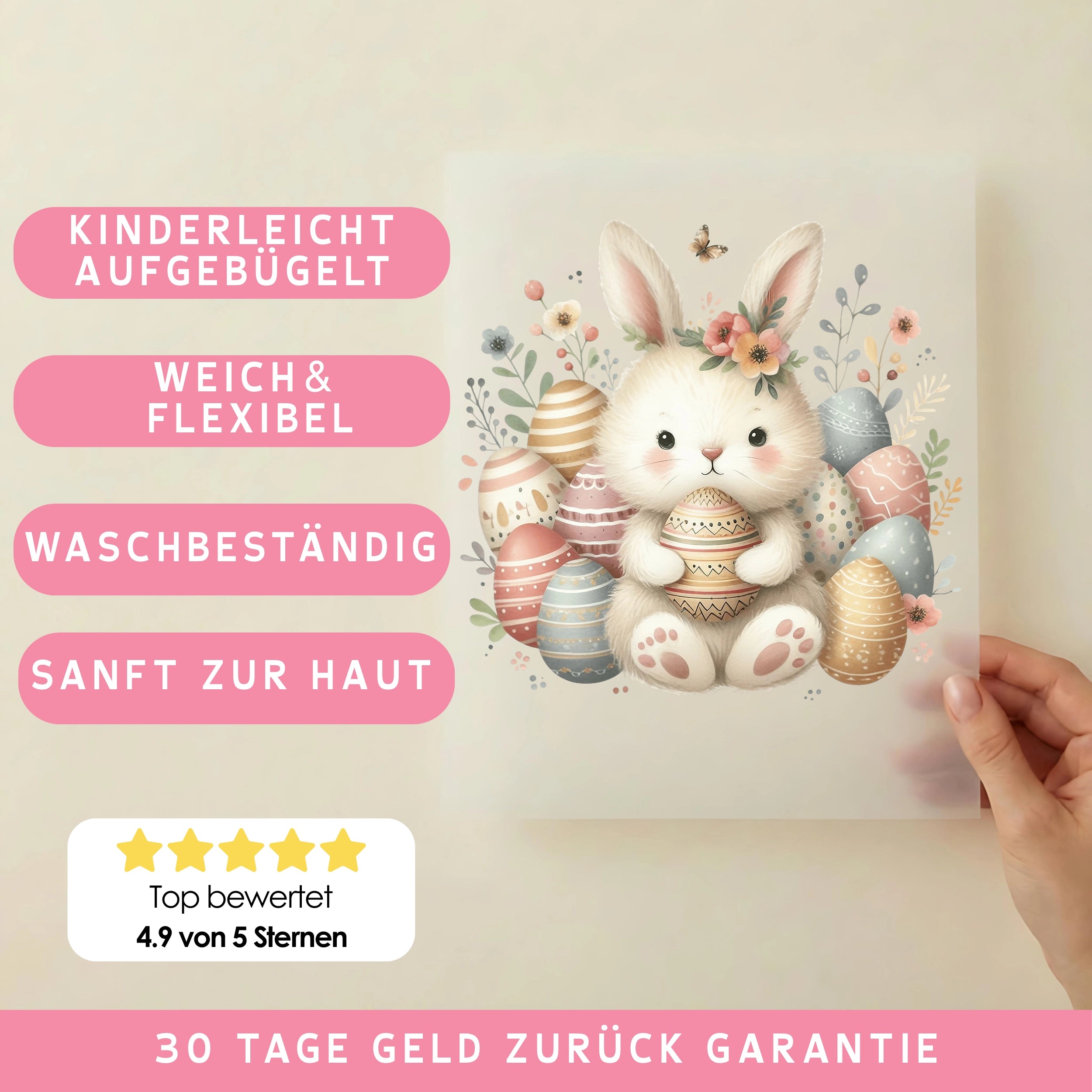 Bügelbild Hoppelhase mit Ostereiern