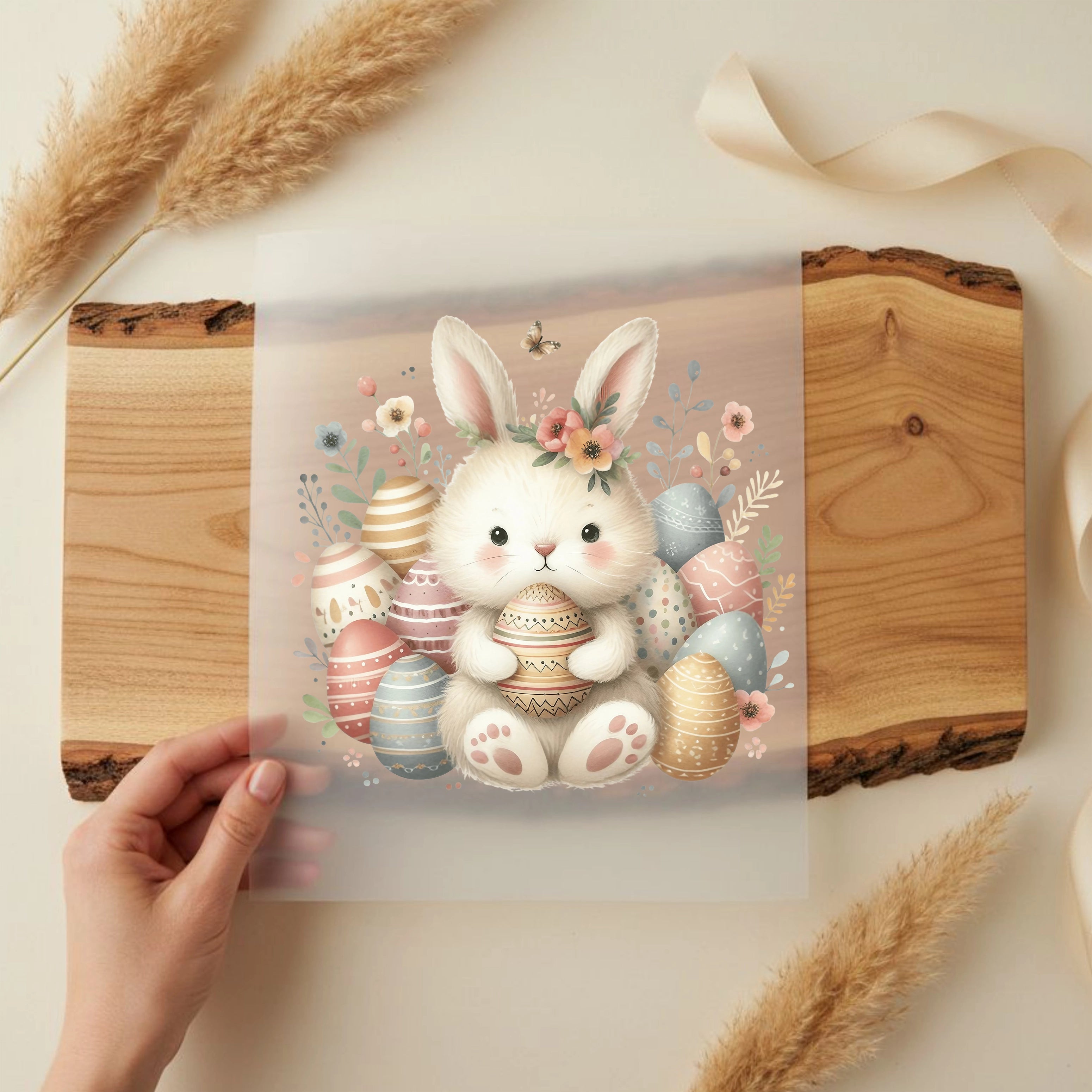 Bügelbild Hoppelhase mit Ostereiern