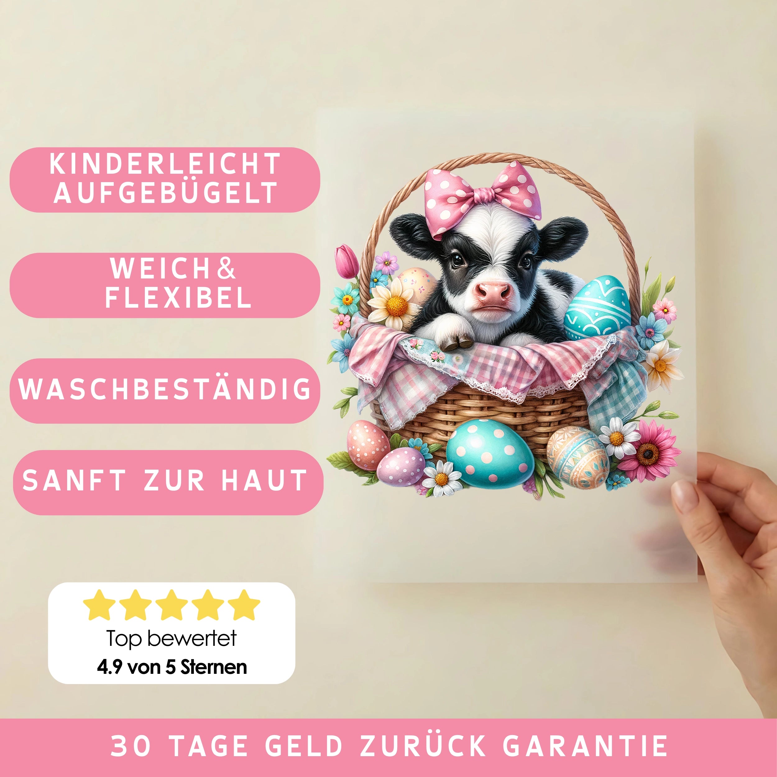 Bügelbild Kuh Marta im Osterkörbchen