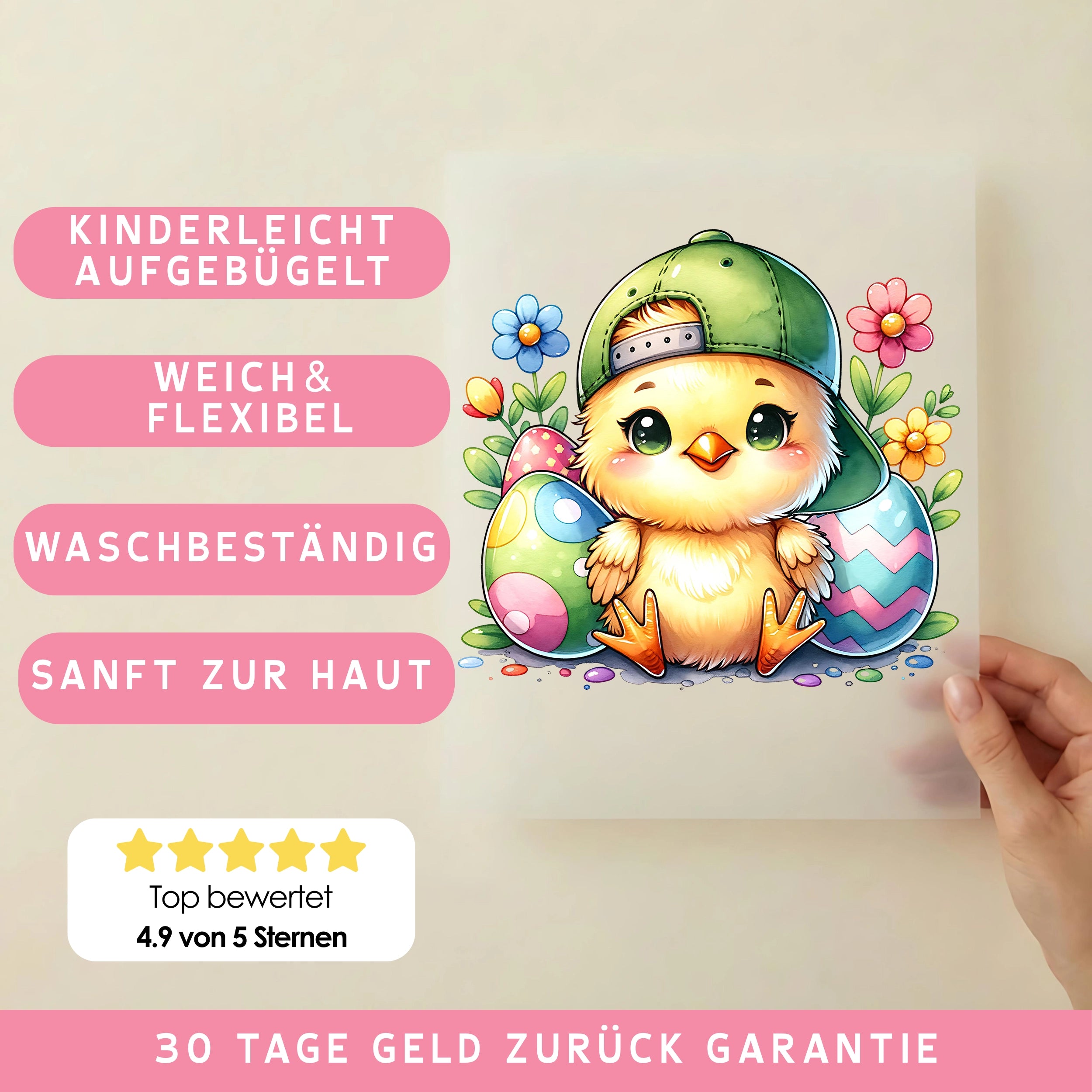 Bügelbild Küken Kalle mit grüner Cap