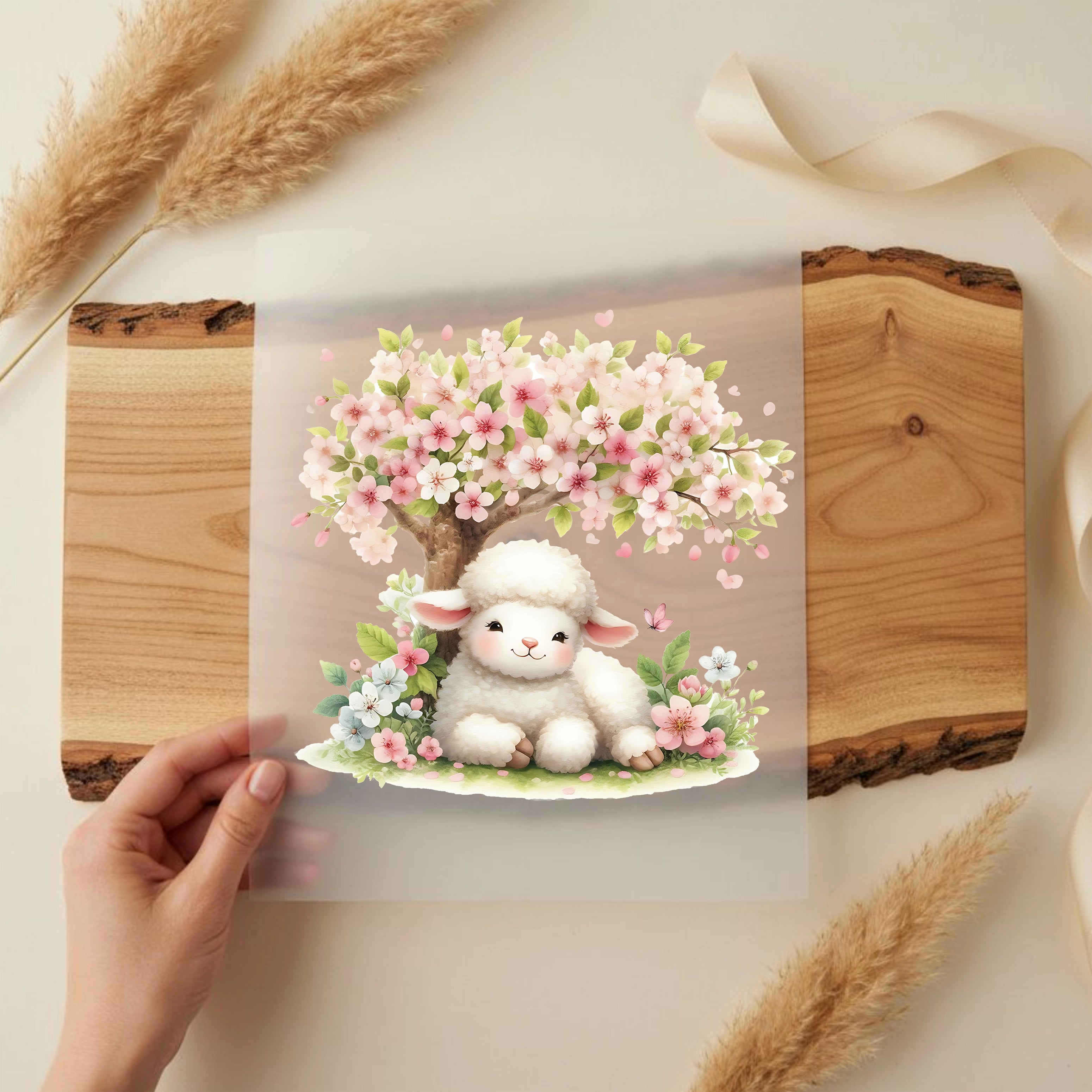 Bügelbild Kuschellamm unter Frühlingsbaum