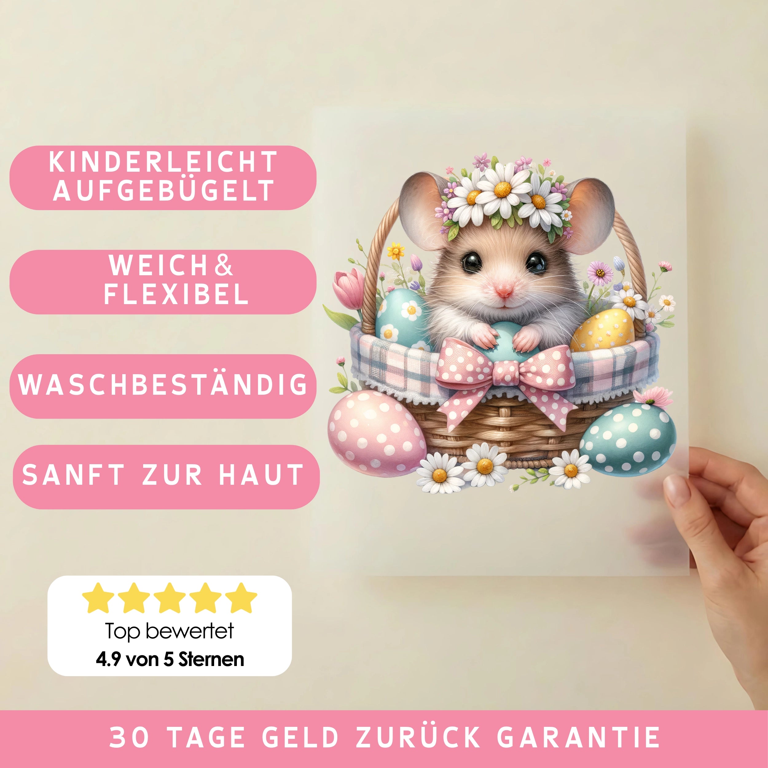 Bügelbild Maus im Osterkörbchen