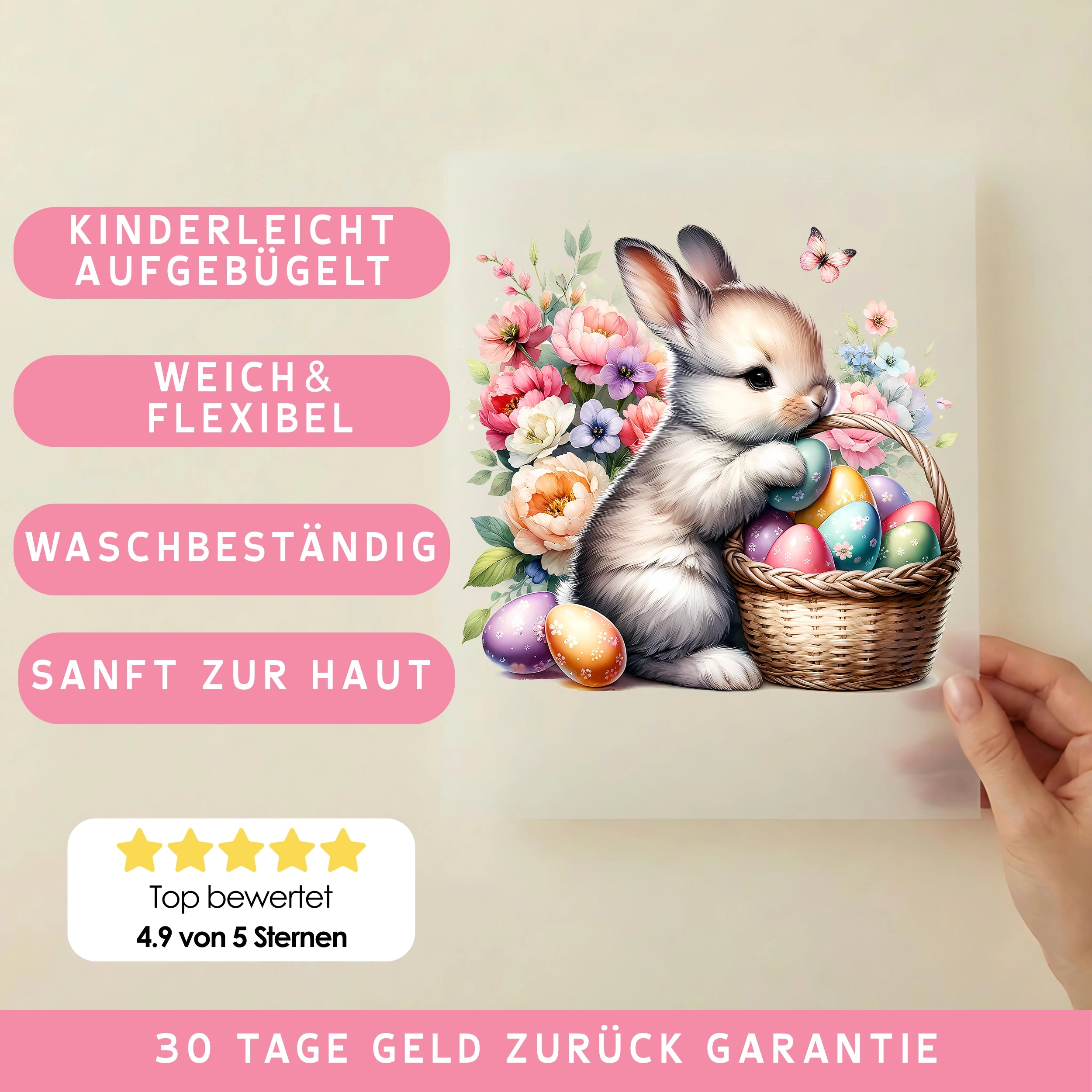 Bügelbild Ostern Hase Elli mit Eierkorb