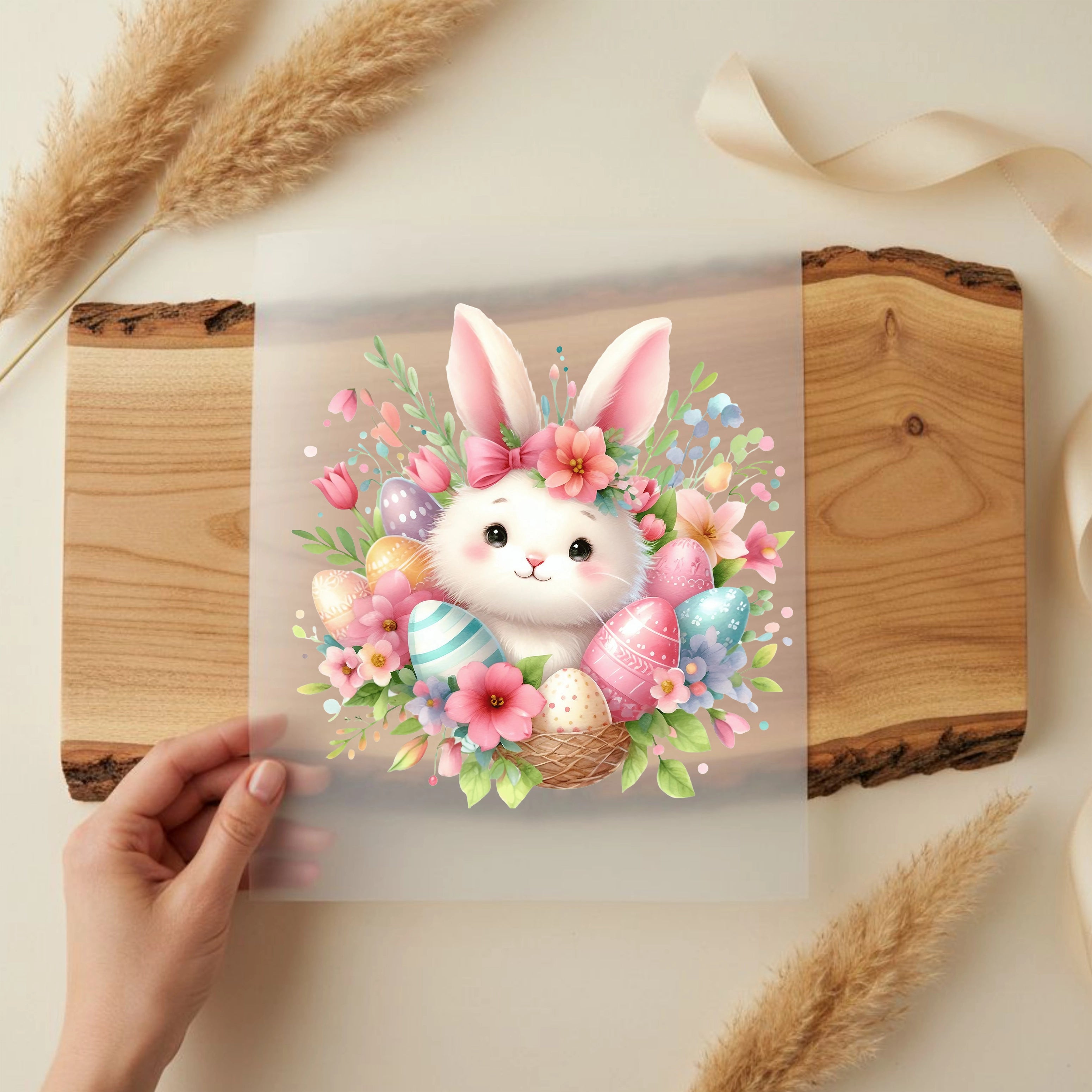 Bügelbild Ostern Hoppelhase im Blumenmeer