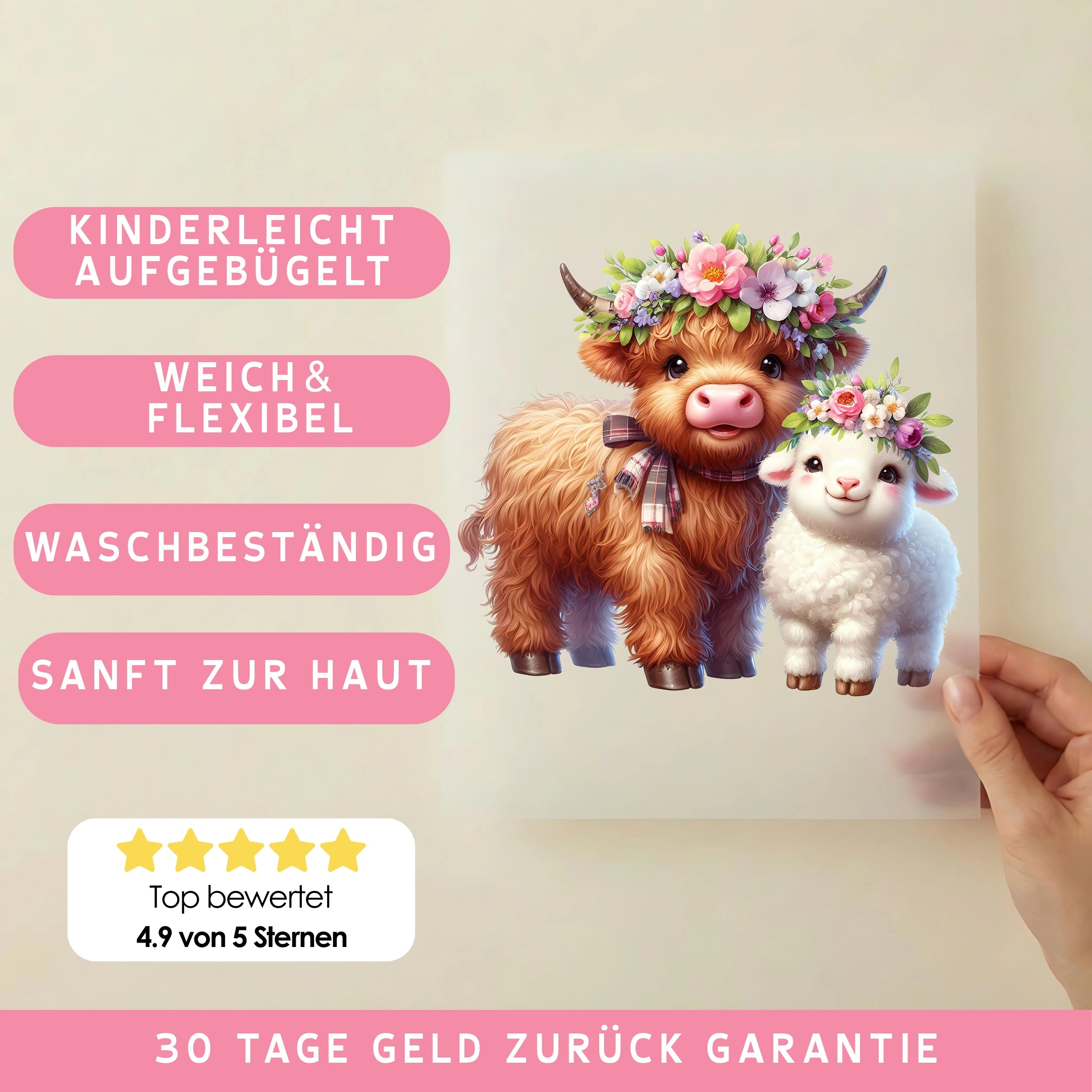 Bügelbild Hochlandkuh & Lamm Blütenfreude