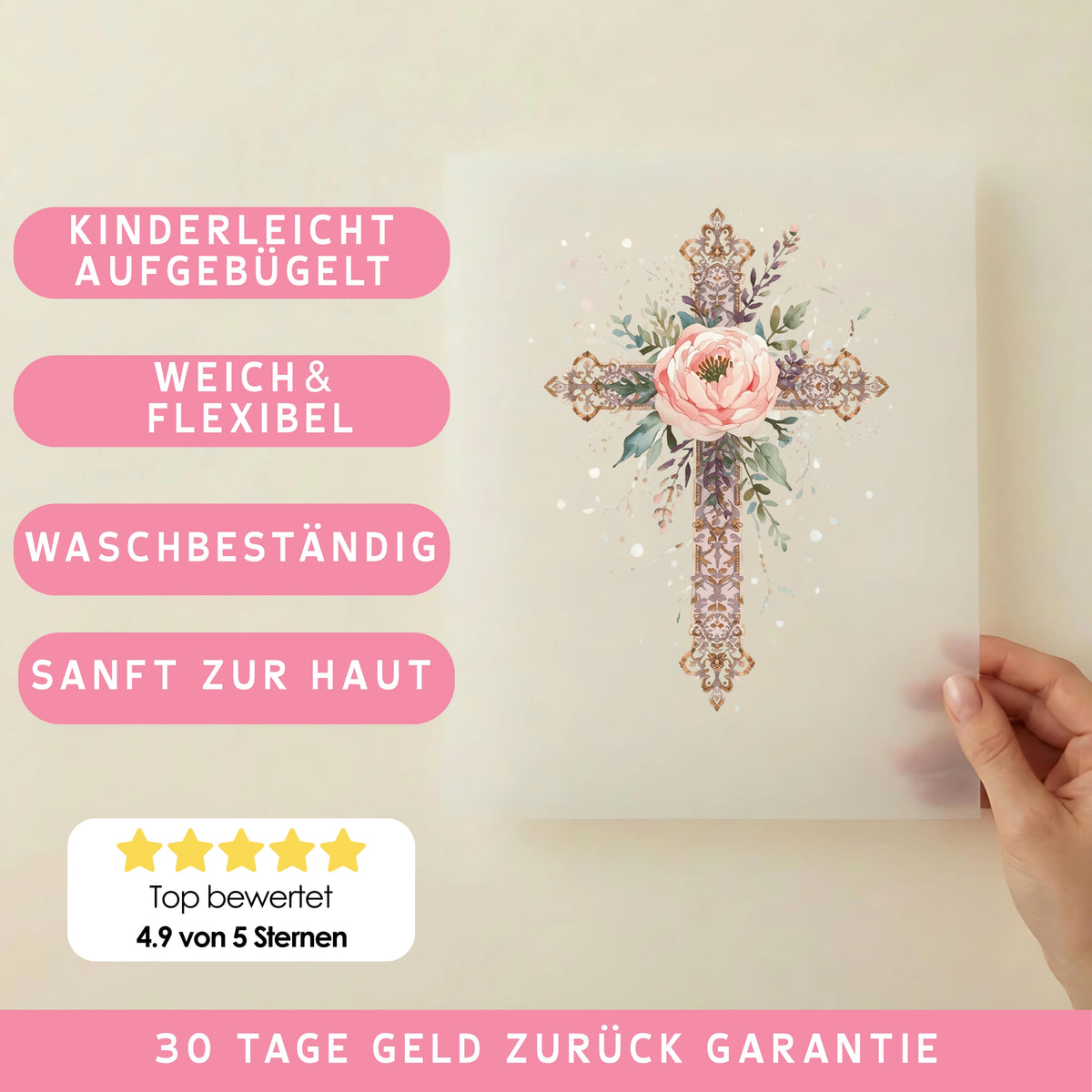 Bügelbild Kreuz Pfingstrosen Segen