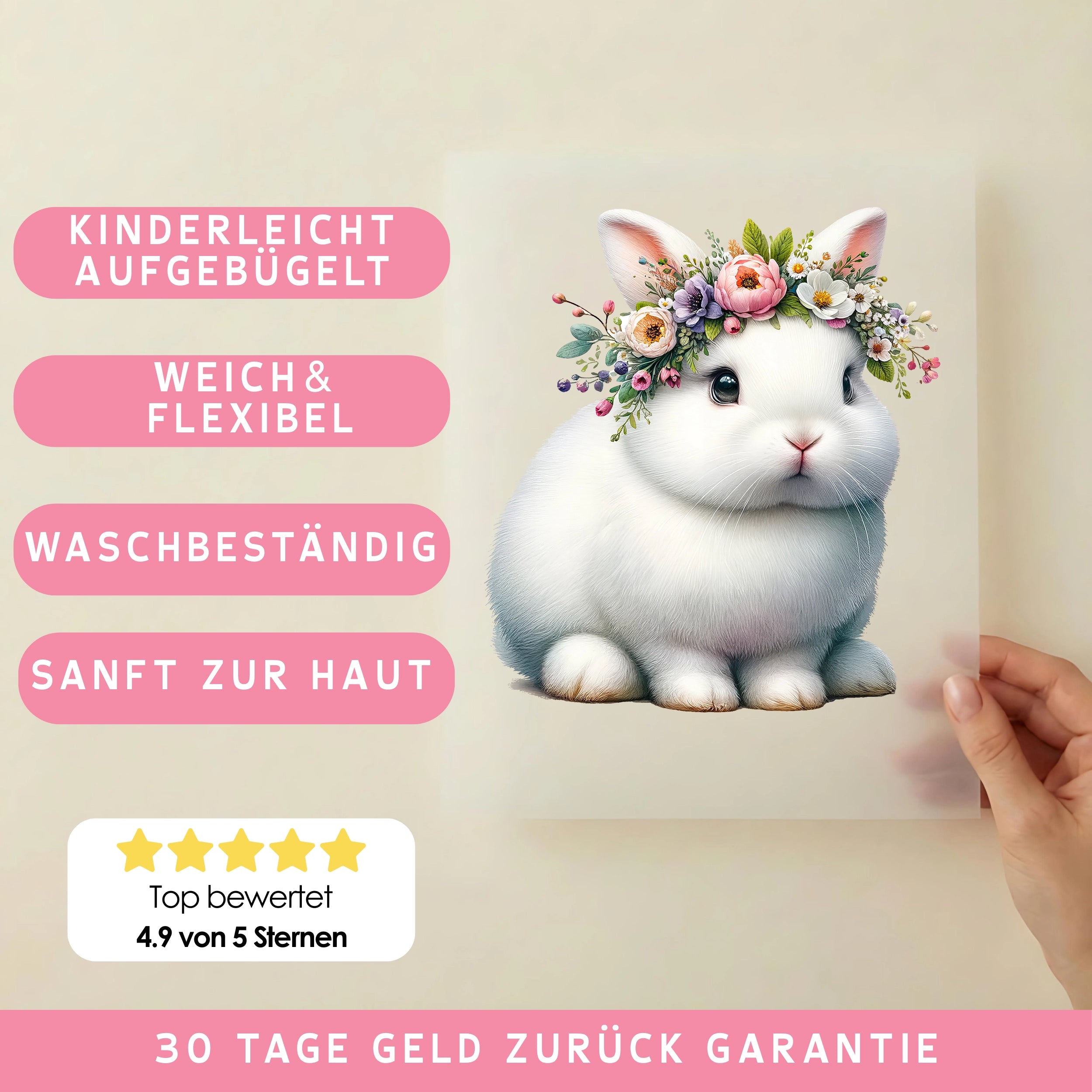 Bügelbild Weißes Kaninchen Blumenpracht