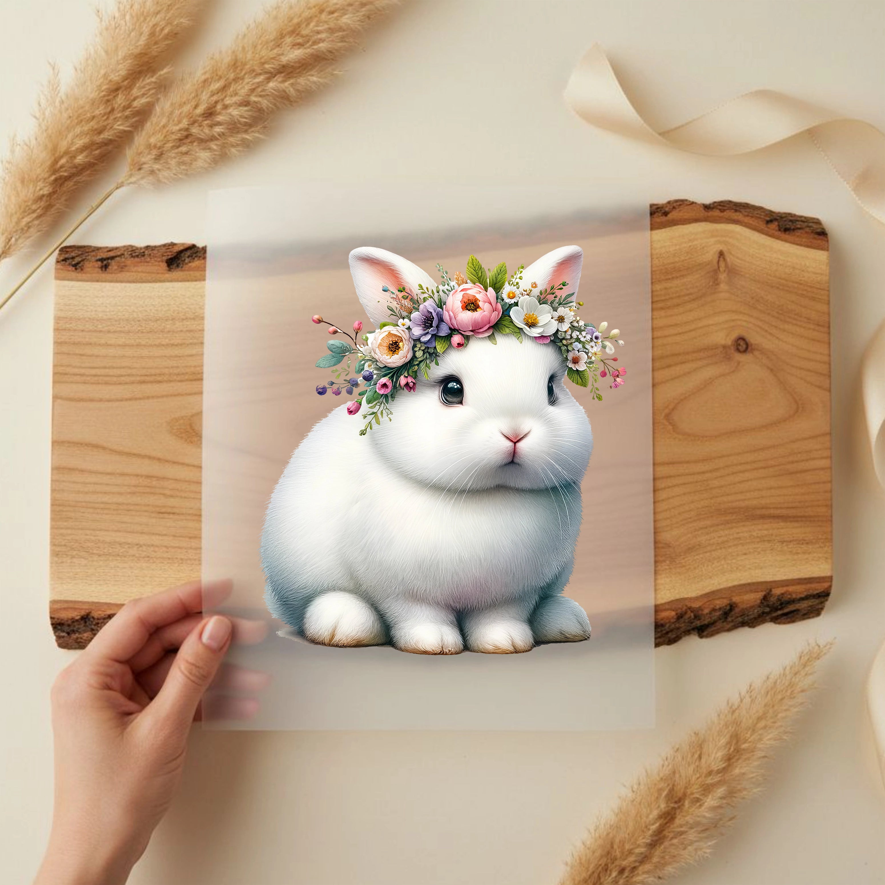 Bügelbild Weißes Kaninchen Blumenpracht