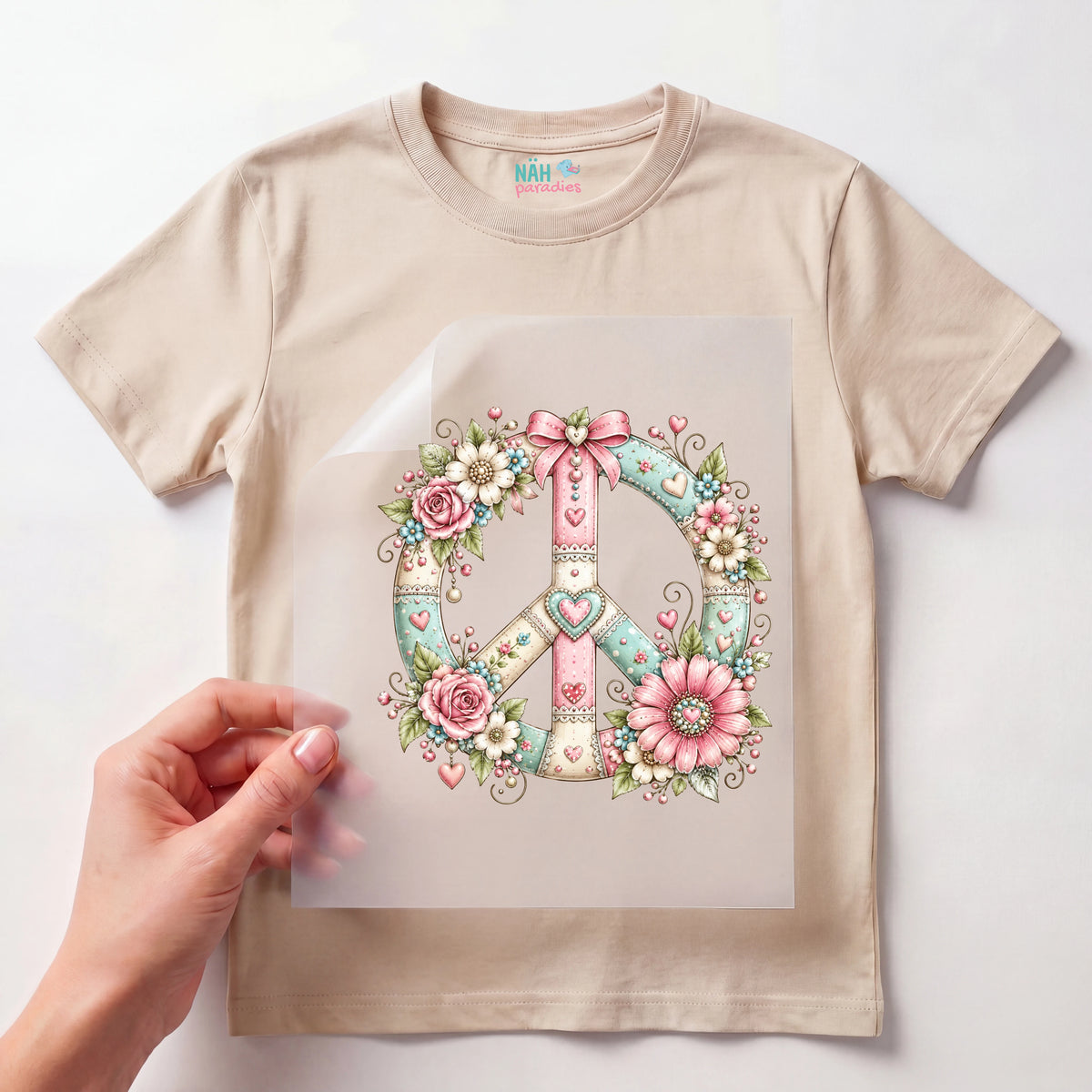 Bügelbild Peace Zeichen Blumen Rosa