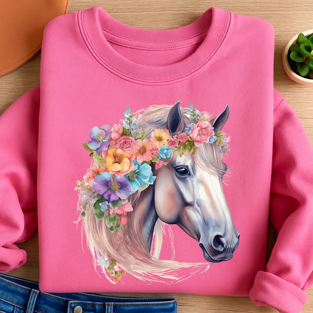 Bügelbild Pferd mit Blumenkranz