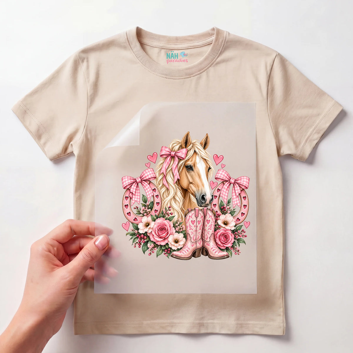 Bügelbild Pferd mit Schleifen und Cowboystiefeln Rosa