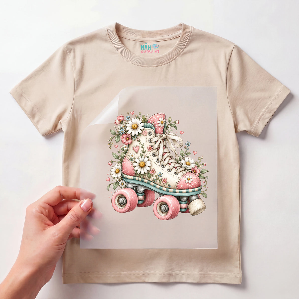 Bügelbild Rollschuh Boho Blumen