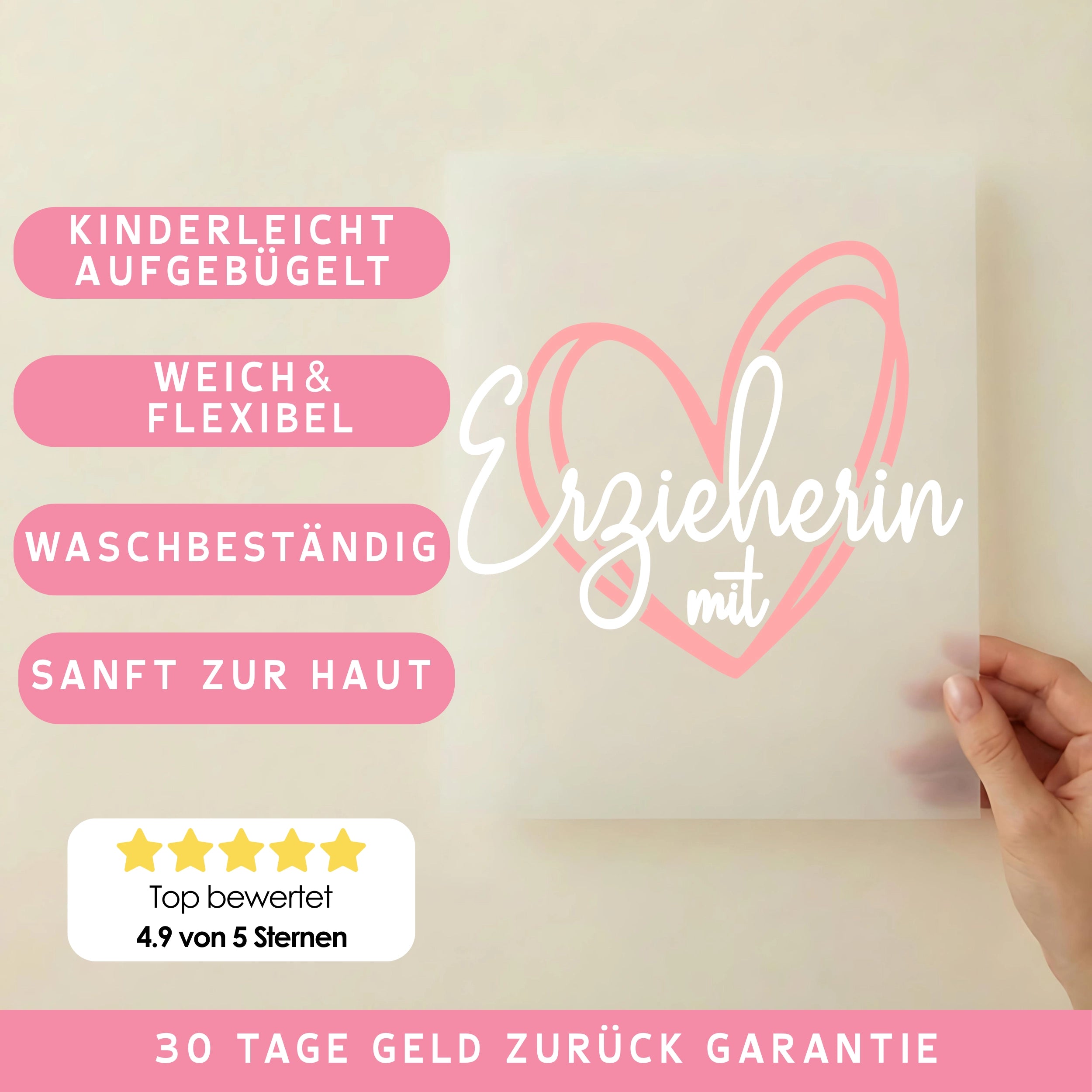 Bügelbild Erzieherin mit Herz Rosa