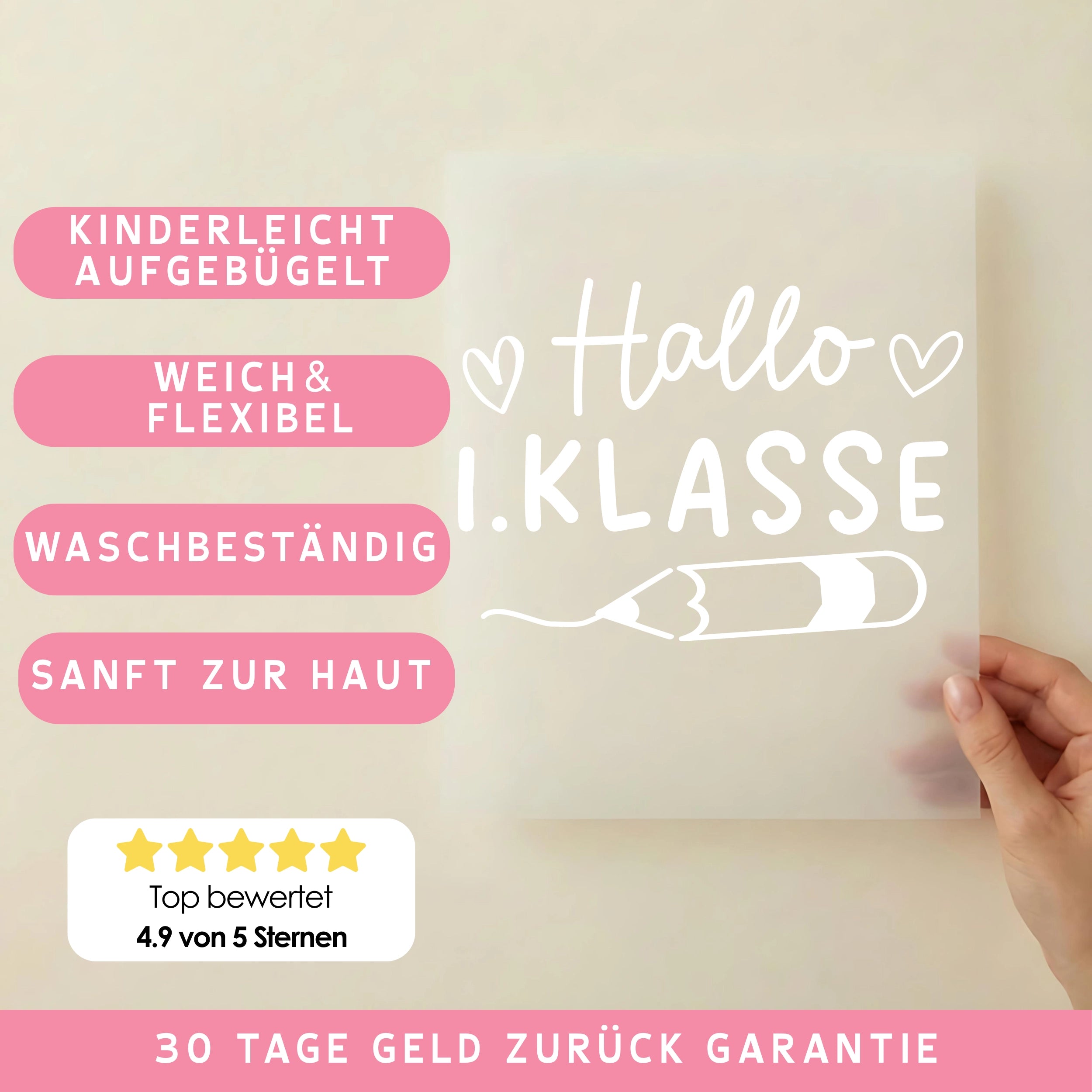 Bügelbild Hallo 1. Klasse Stift