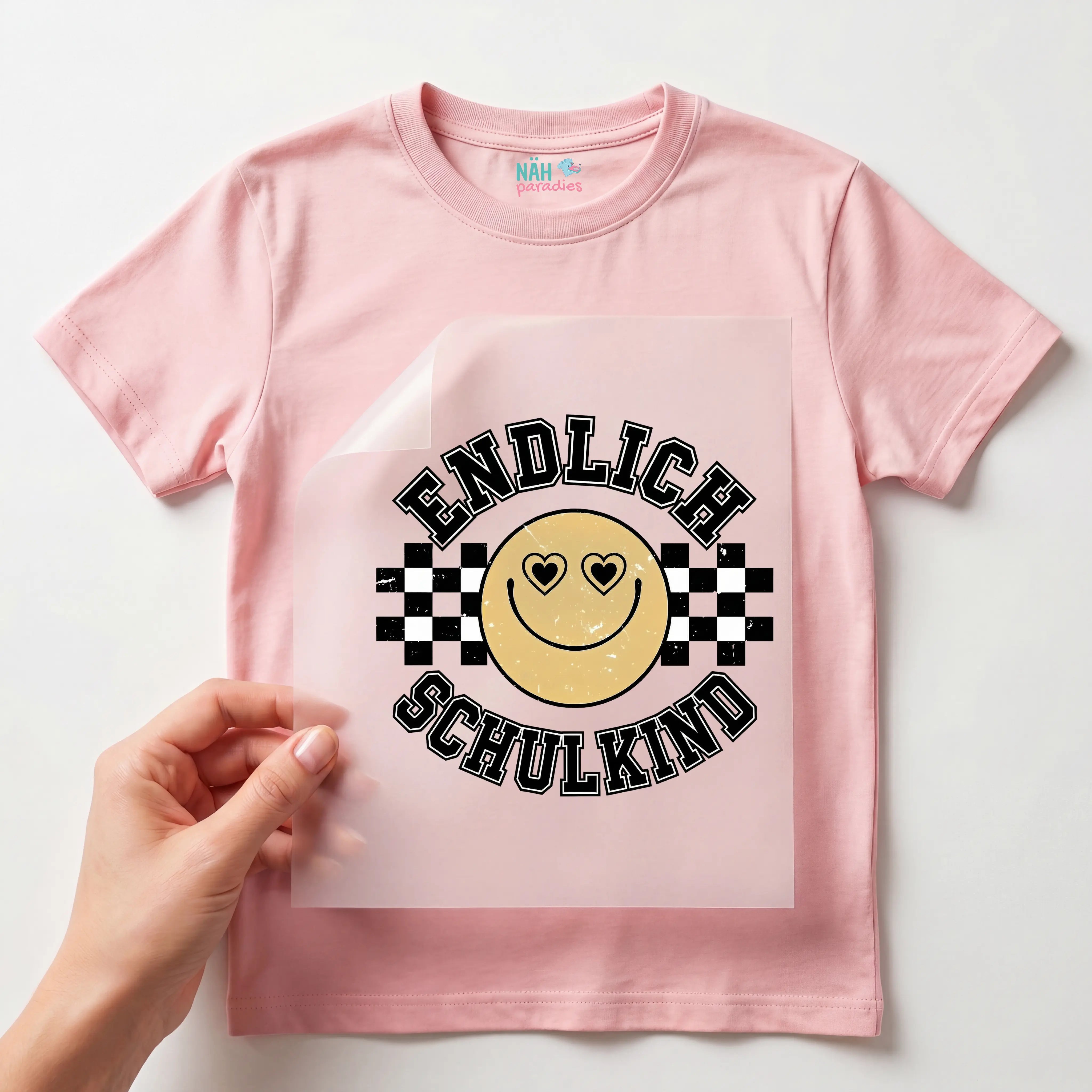 Bügelbild Smiley Herzaugen Schule