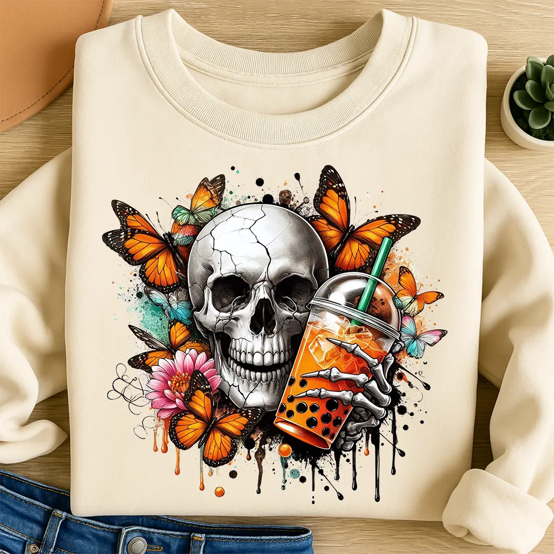 Bügelbild Schädel Schmetterlingsdrink