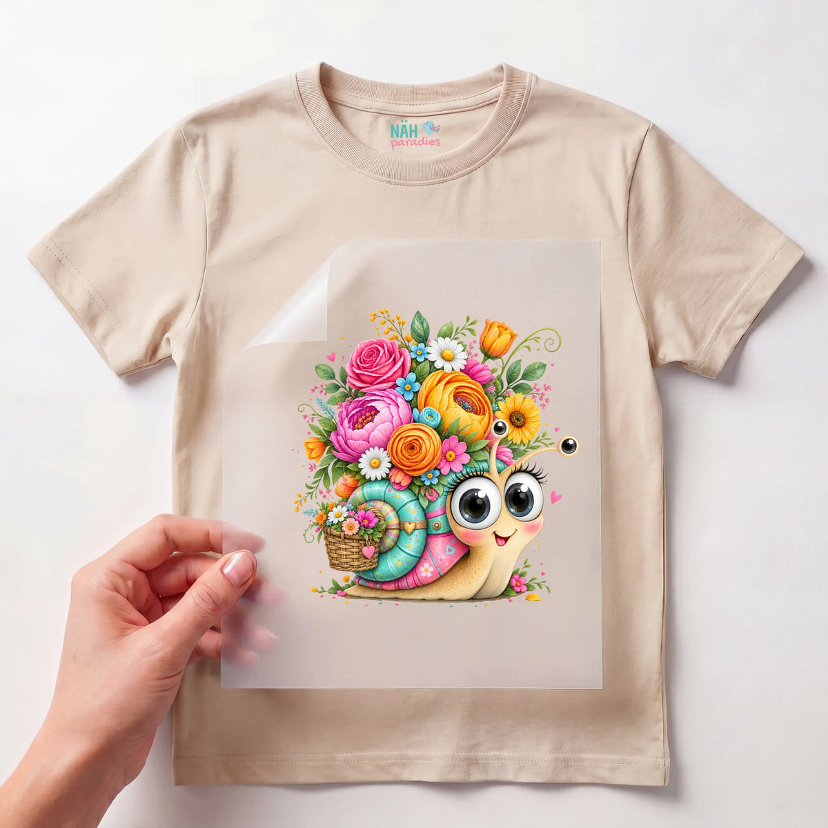 Bügelbild Schnecke mit Blumenhaus Bunt
