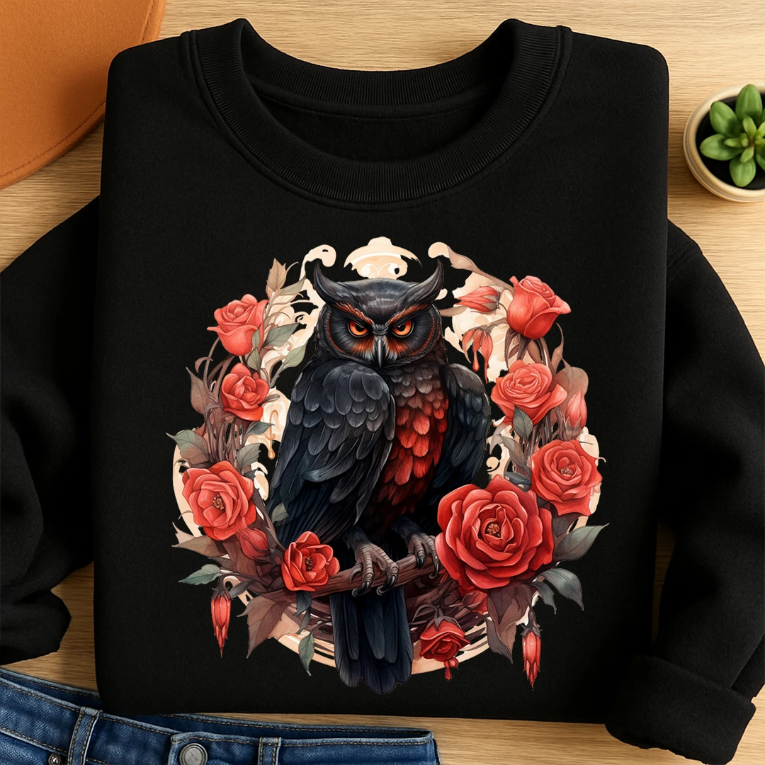 Bügelbild Schwarze Rosen Eule