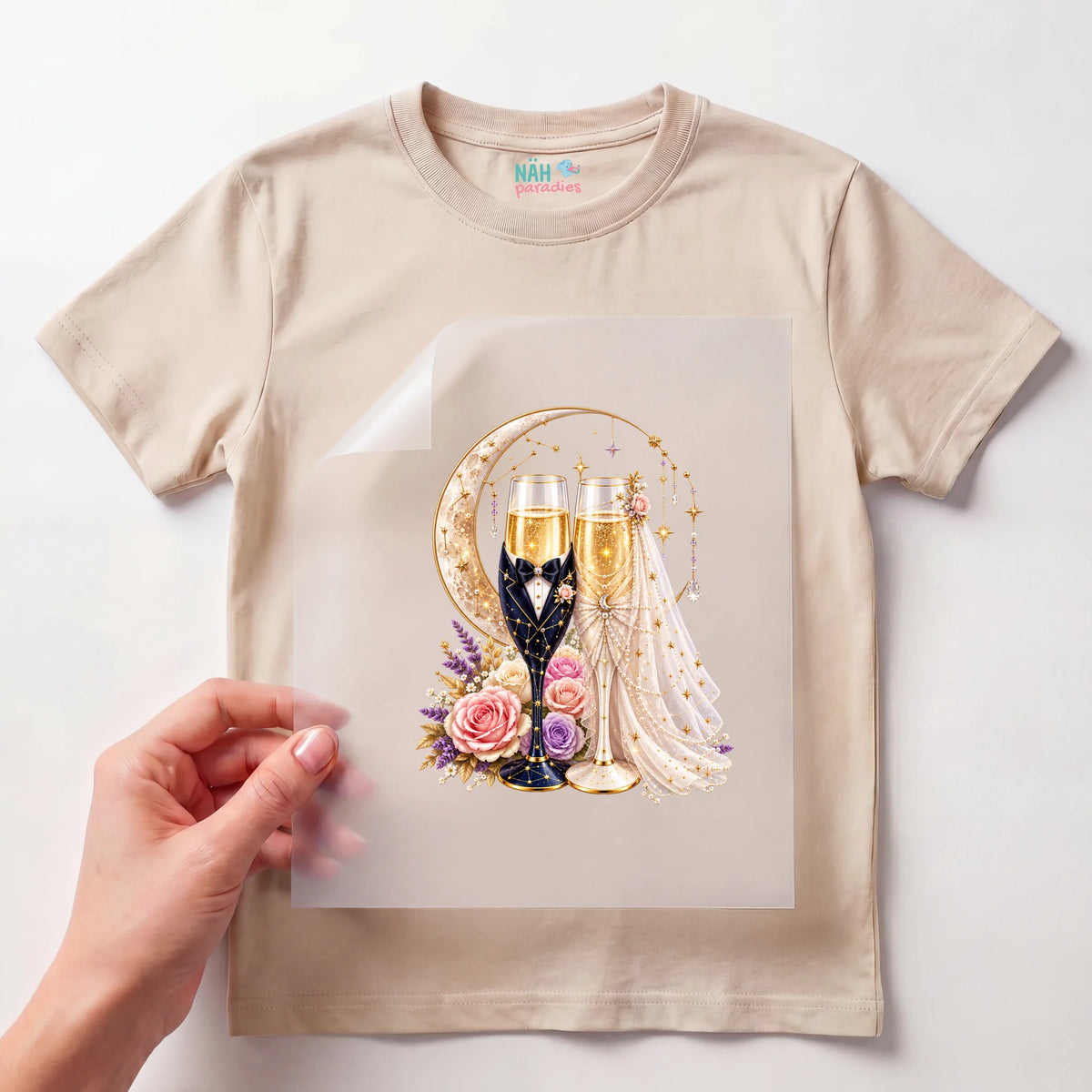 Bügelbild Sektgläser Hochzeit mit Mond