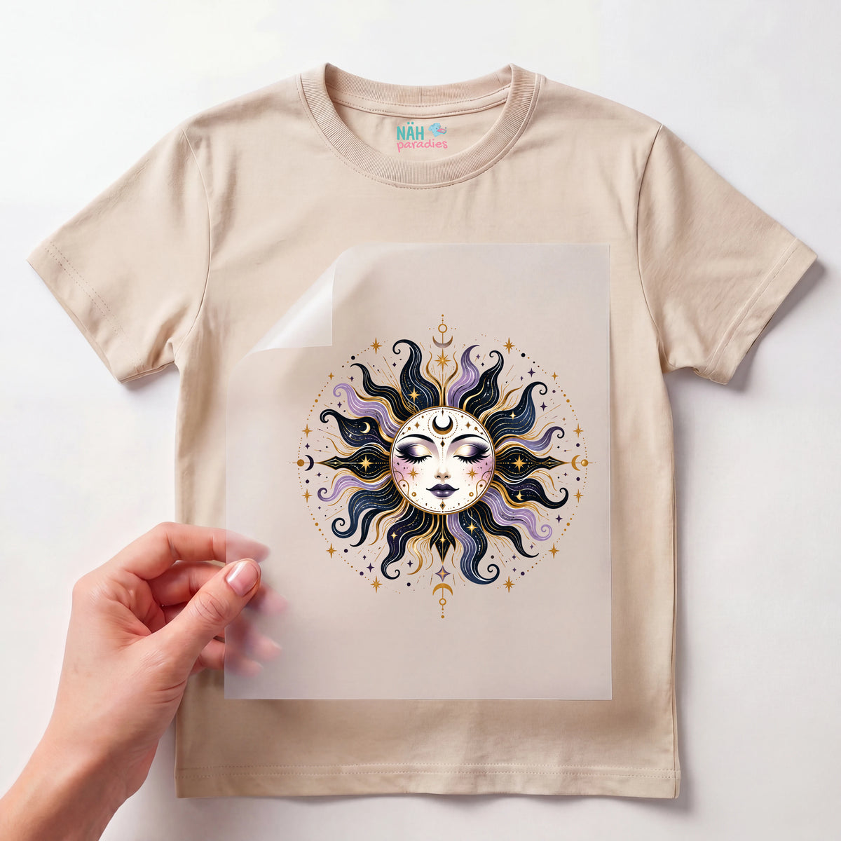 Bügelbild Sonne Gesicht Schwarz Lila