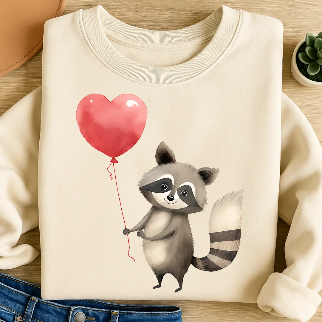 Bügelbild Waschbär Herzluftballon