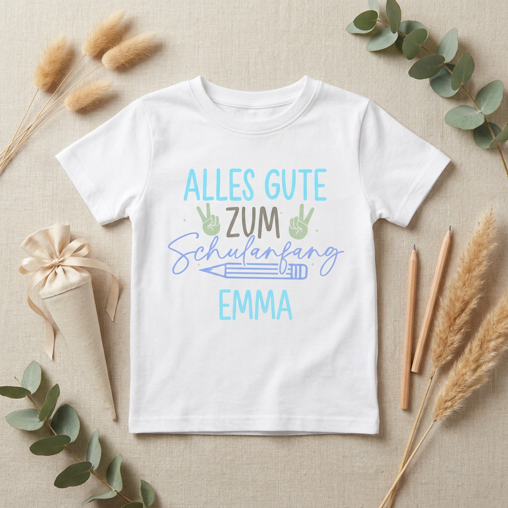 Einschulungs-Set mit Namen – „Alles Gute zum Schulanfang" | Shirt + Bügelbild personalisierbar