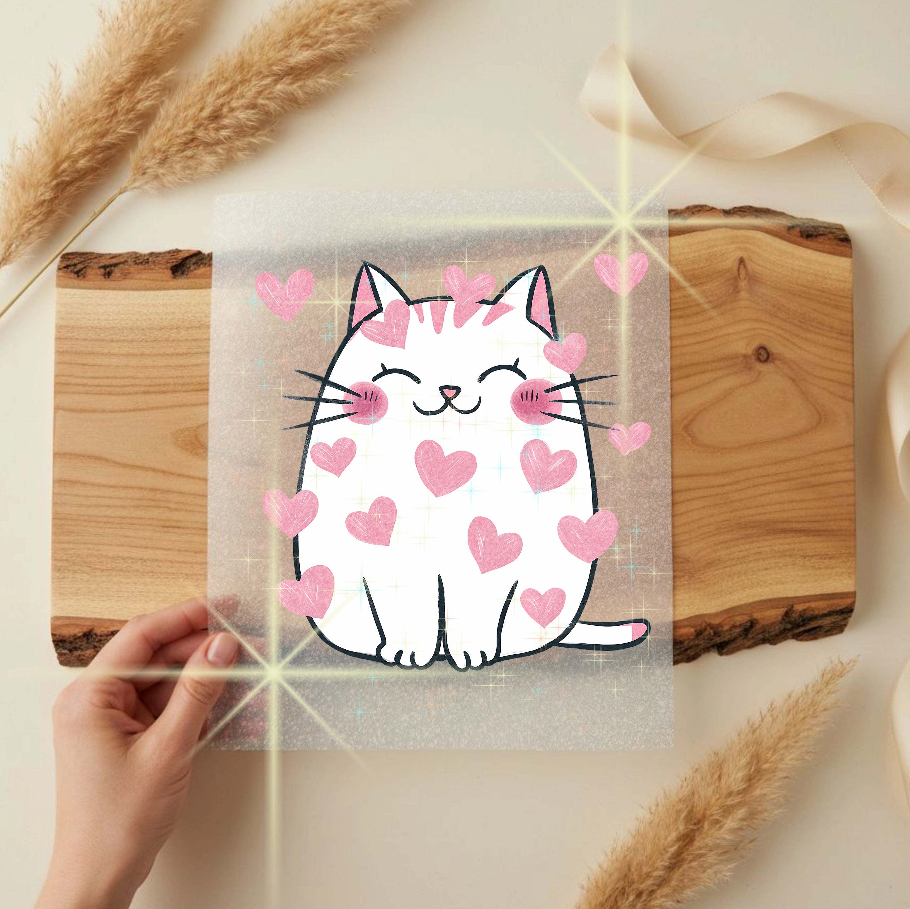 Glitzer Bügelbild Herzchen Katze