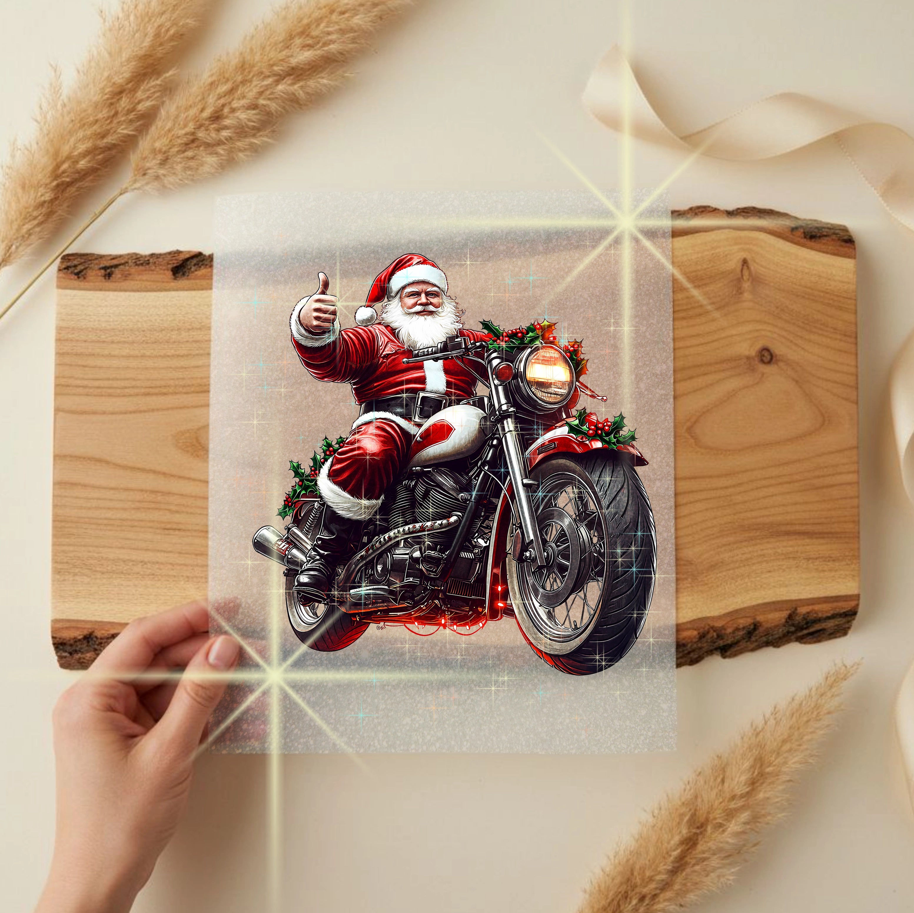 Glitzer Bügelbild Weihnachtsmann Red Rider Motorrad