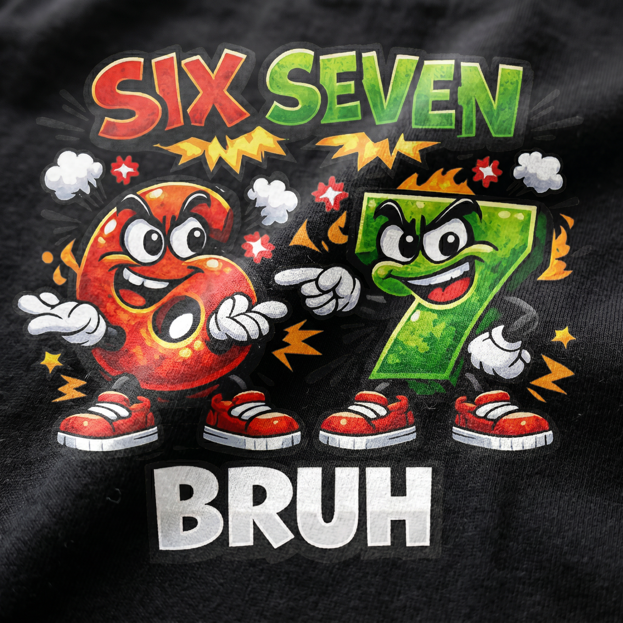Nahaufnahme des waschfesten Drucks auf dem Six Seven Bruh Shirt