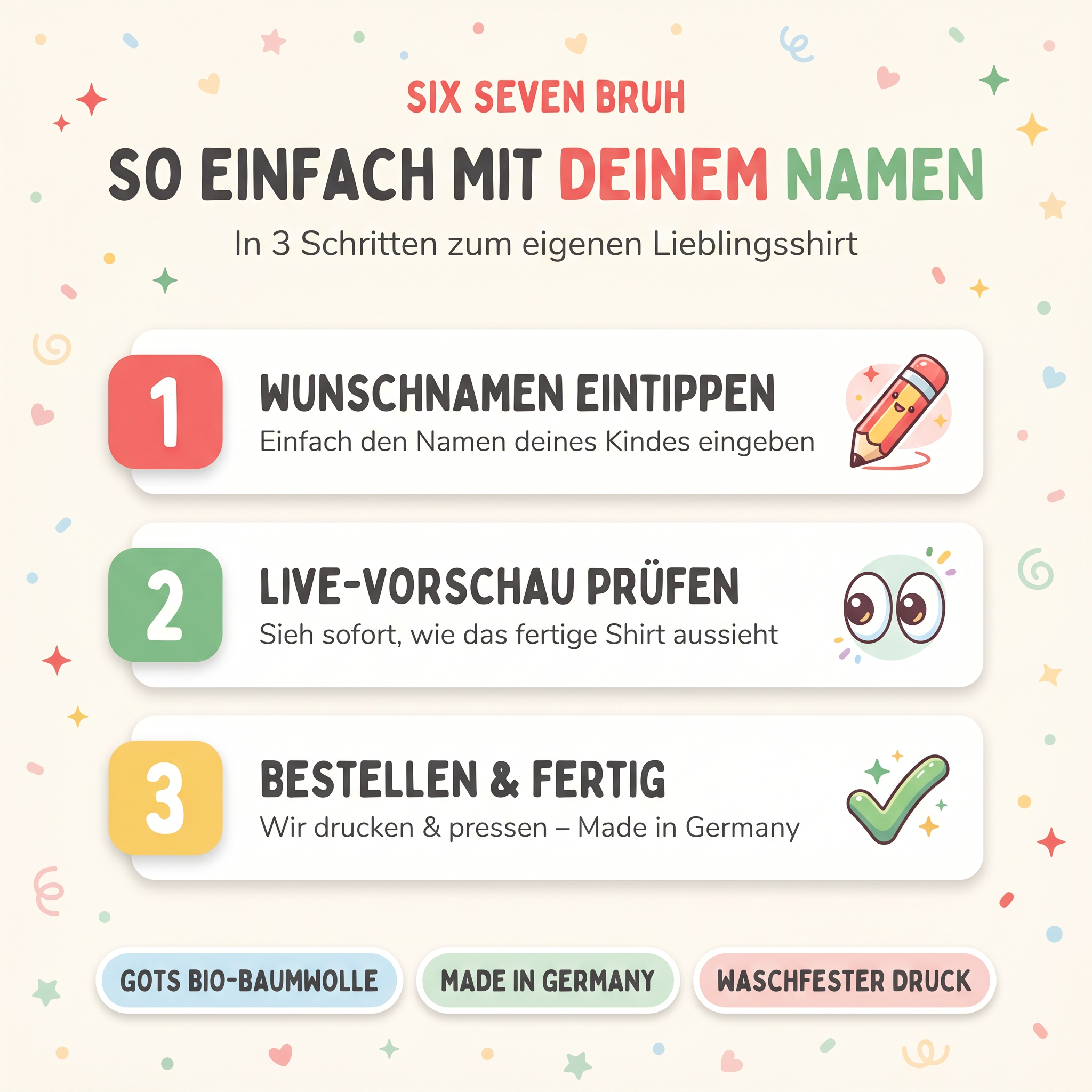 So personalisierst du in 3 Schritten – Name eingeben, Vorschau, bestellen