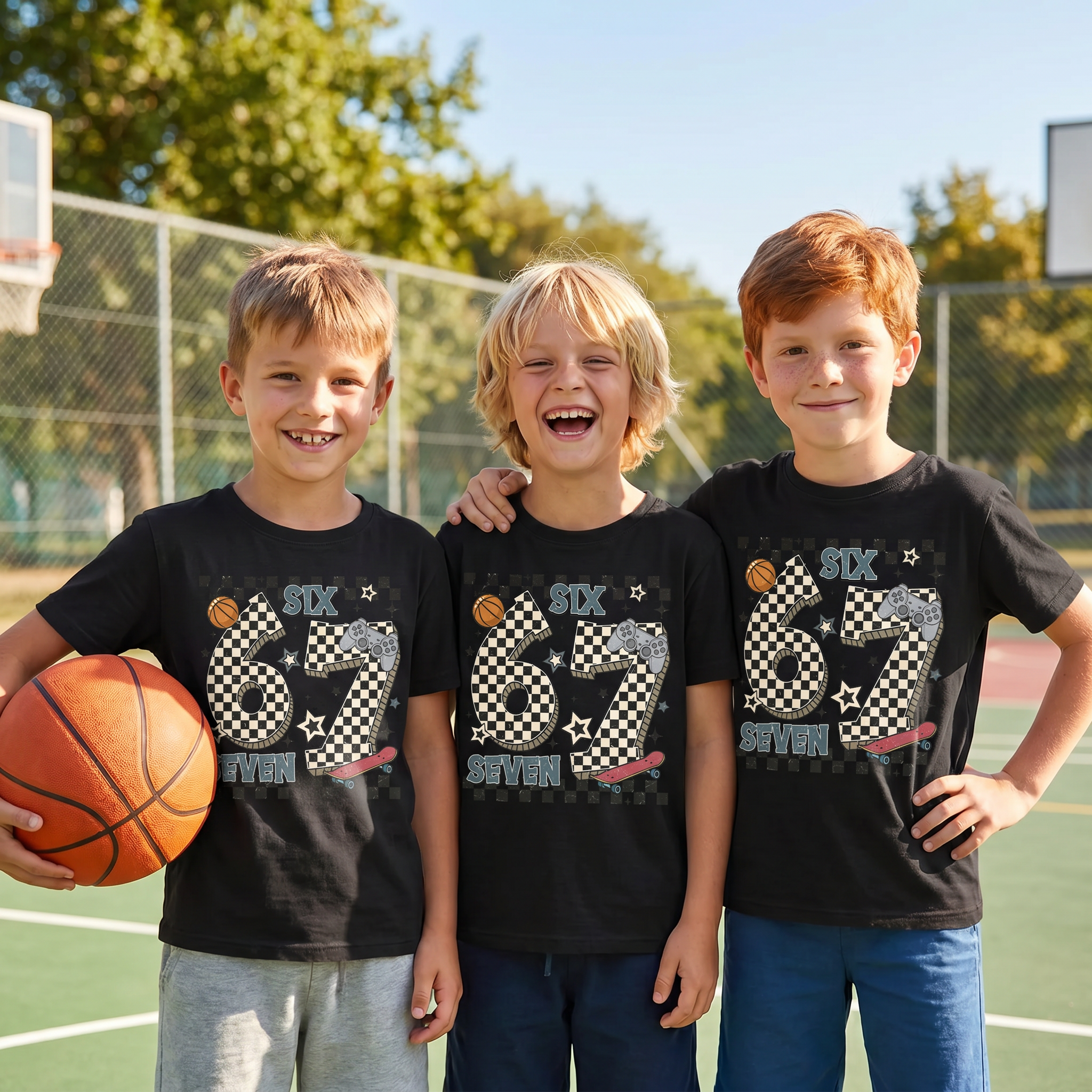 Six Seven Basketball Gamer Skater – Kinder T-Shirt mit Namen | 67 Meme personalisierbar
